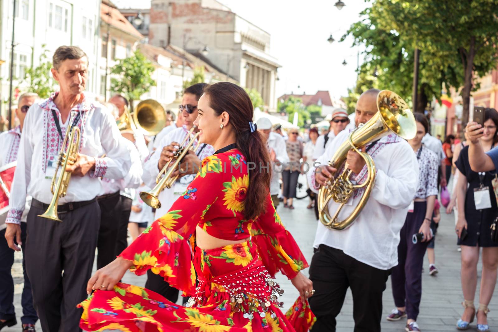 Sibiu City, Romania - 19 June 2019. The Brass Band from Cozmeşti performing at the Sibiu International Theatre Festival from Sibiu, Romania.