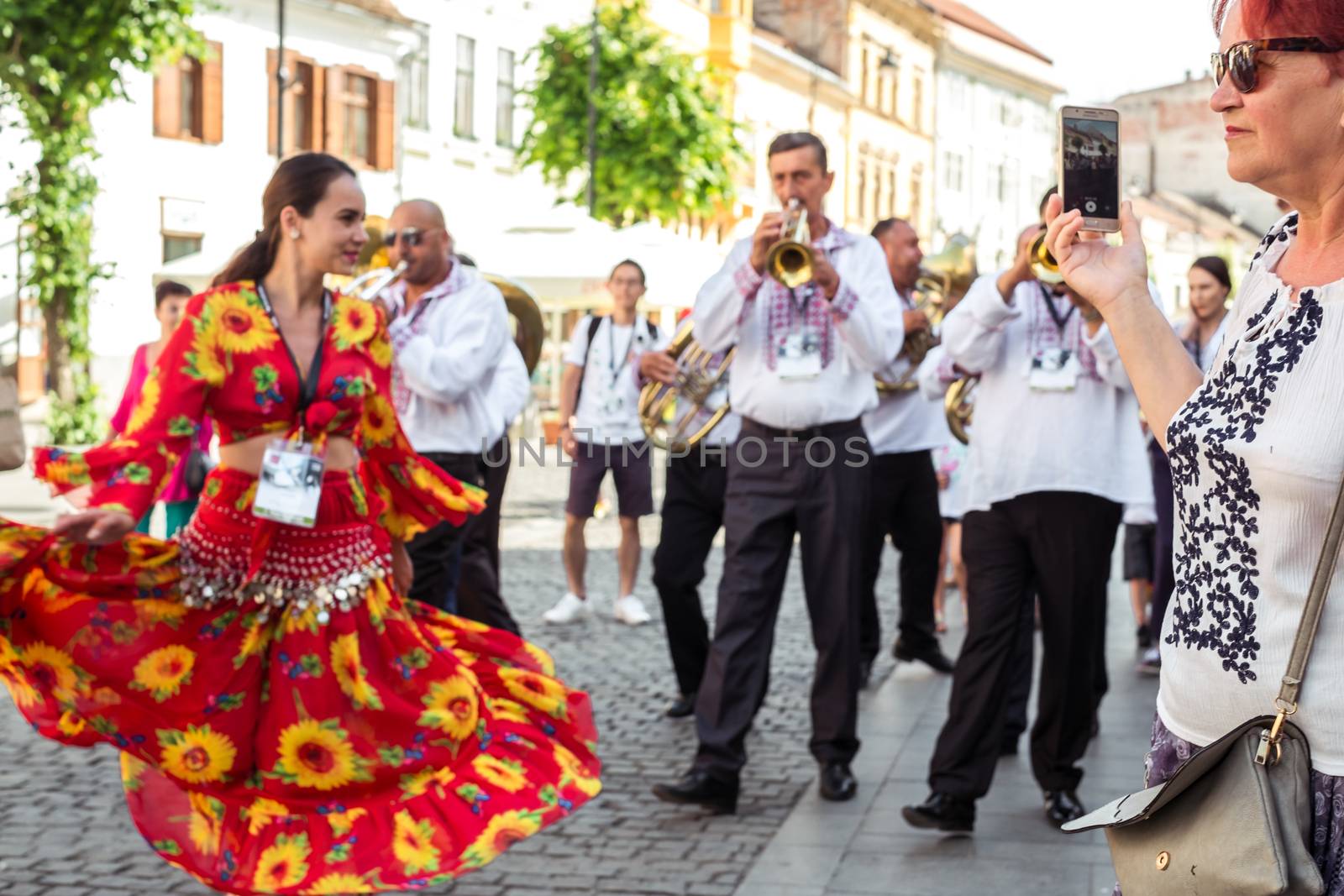 Sibiu City, Romania - 19 June 2019. The Brass Band from Cozmeşti performing at the Sibiu International Theatre Festival from Sibiu, Romania.