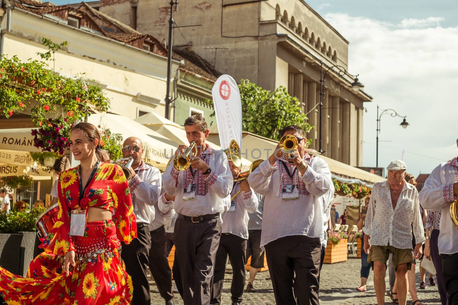 Sibiu City, Romania - 19 June 2019. The Brass Band from Cozmeşti performing at the Sibiu International Theatre Festival from Sibiu, Romania.