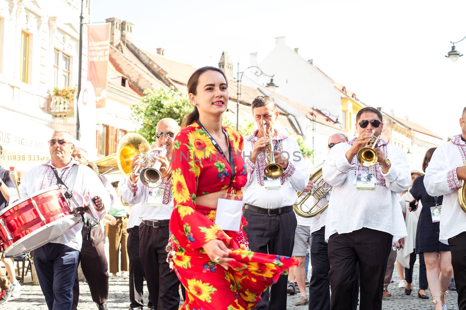 Sibiu City, Romania - 19 June 2019. The Brass Band from Cozmeşti performing at the Sibiu International Theatre Festival from Sibiu, Romania.