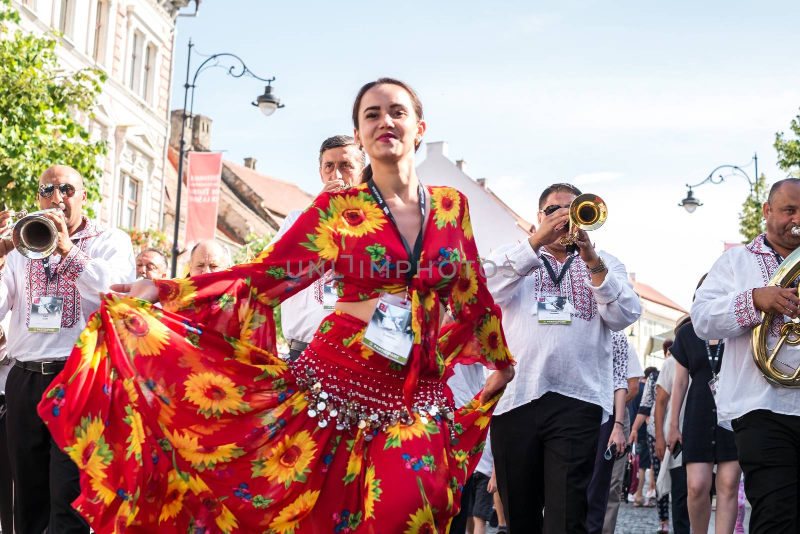 Sibiu City, Romania - 19 June 2019. The Brass Band from Cozmeşti performing at the Sibiu International Theatre Festival from Sibiu, Romania.