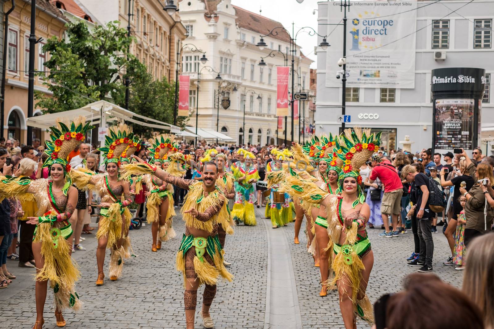 Sibiu City, Romania - 22 June 2019. The Comparsa Los Cariocas from Gran Canary islands performing at the Sibiu International Theatre Festival from Sibiu, Romania.