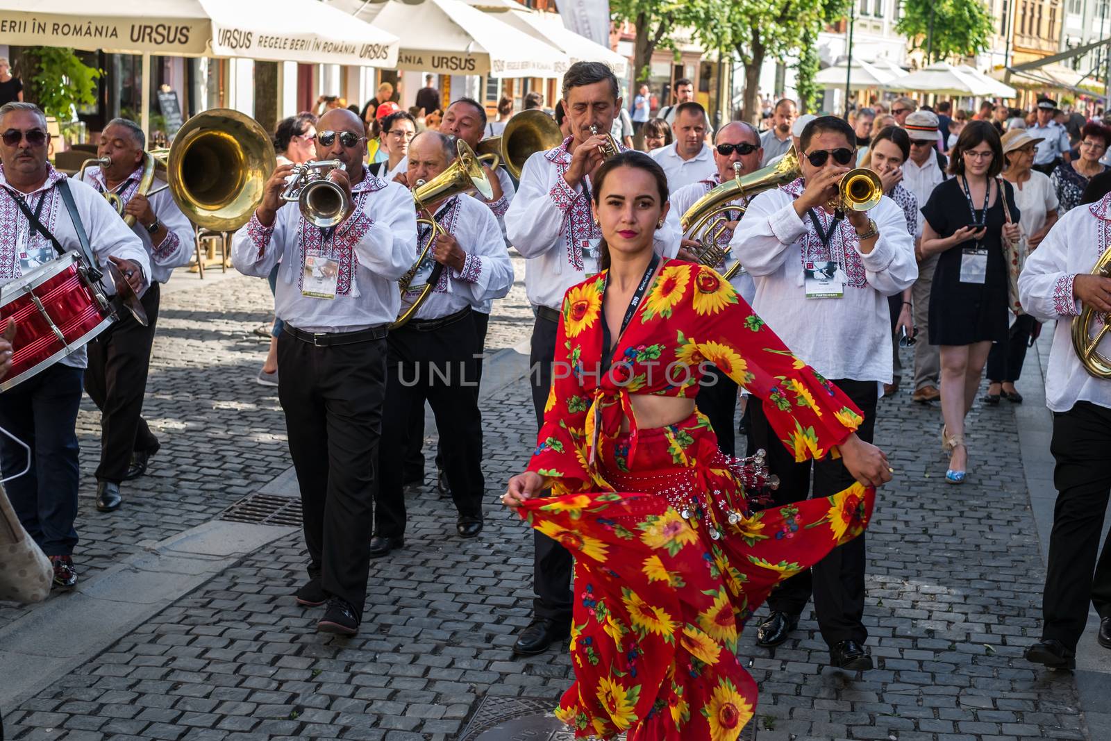 Sibiu City, Romania - 19 June 2019. The Brass Band from Cozmeşti performing at the Sibiu International Theatre Festival from Sibiu, Romania.