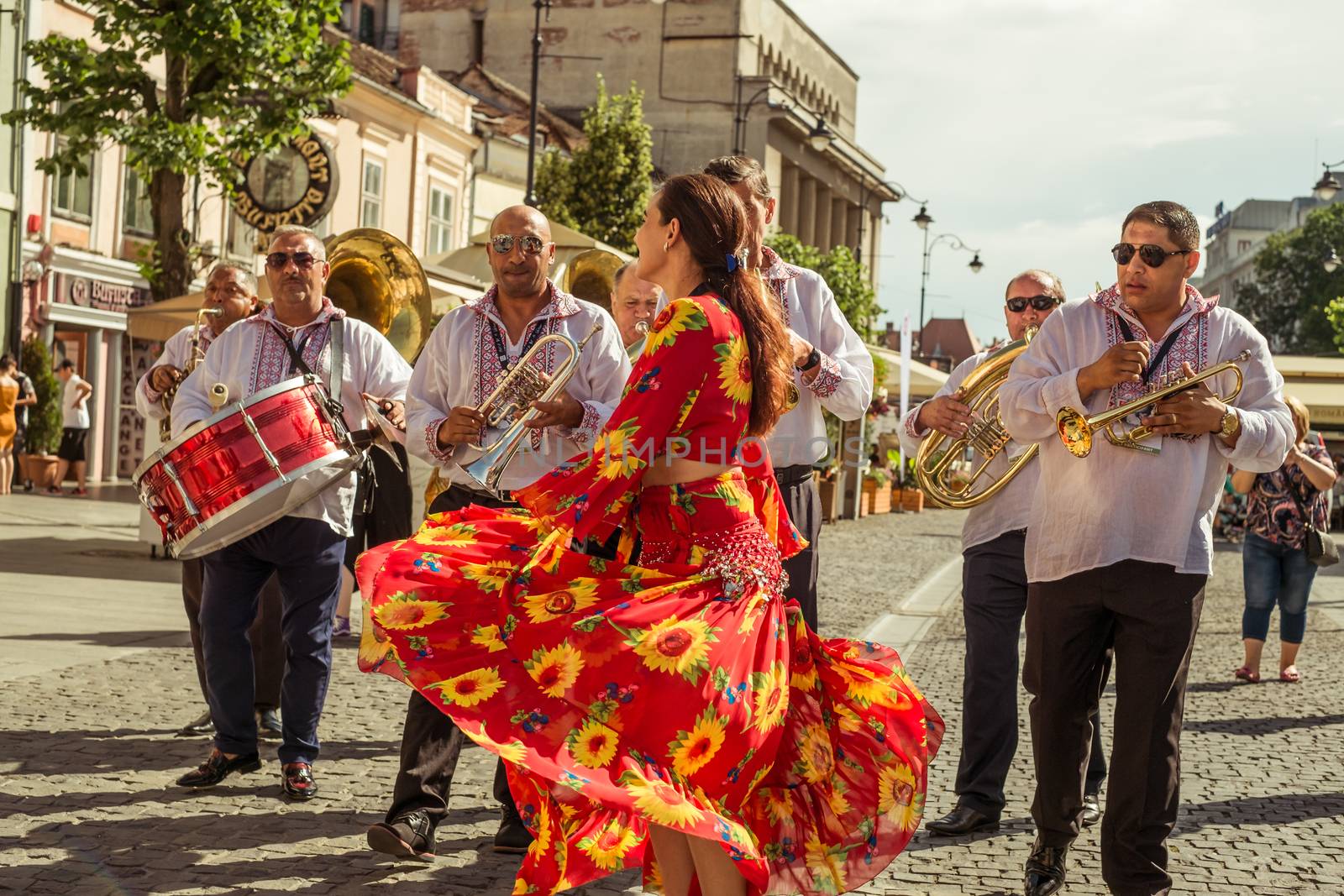 Sibiu City, Romania - 19 June 2019. The Brass Band from Cozmeşti performing at the Sibiu International Theatre Festival from Sibiu, Romania.
