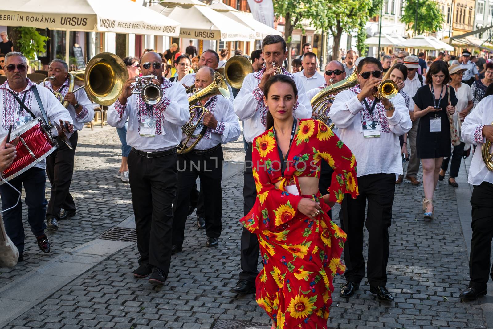 Sibiu City, Romania - 19 June 2019. The Brass Band from Cozmeşti performing at the Sibiu International Theatre Festival from Sibiu, Romania.