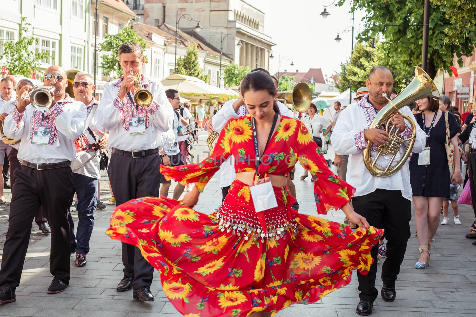 Sibiu City, Romania - 19 June 2019. The Brass Band from Cozmeşti performing at the Sibiu International Theatre Festival from Sibiu, Romania.