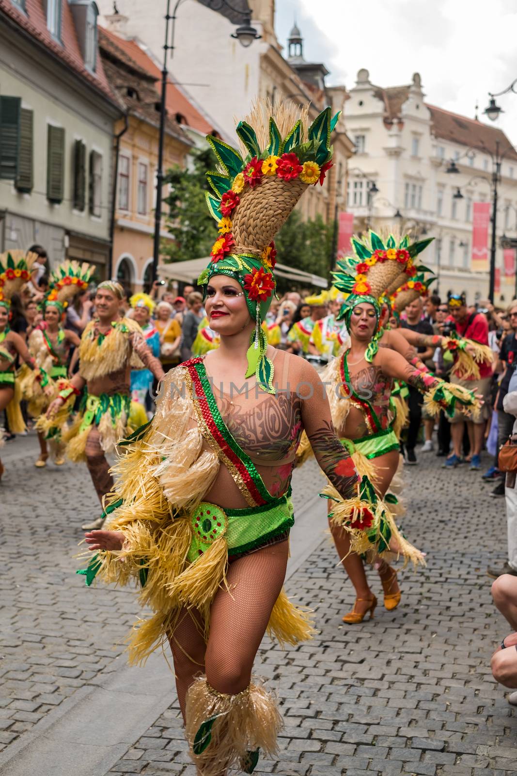 Sibiu City, Romania - 22 June 2019. The Comparsa Los Cariocas from Gran Canary islands performing at the Sibiu International Theatre Festival from Sibiu, Romania.