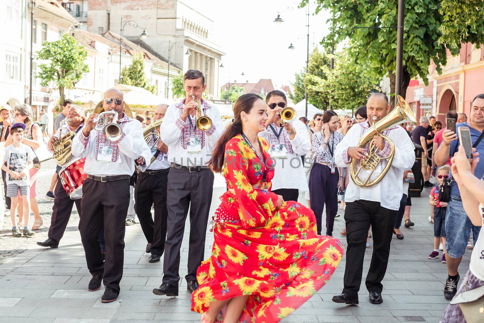 Sibiu City, Romania - 19 June 2019. The Brass Band from Cozmeşti performing at the Sibiu International Theatre Festival from Sibiu, Romania.