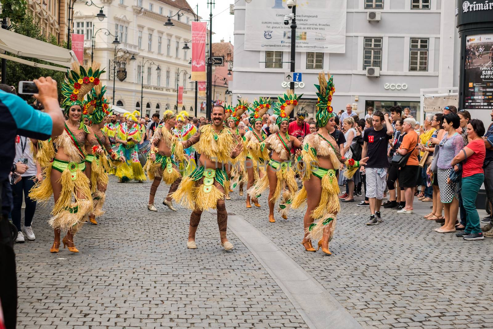 Sibiu City, Romania - 22 June 2019. The Comparsa Los Cariocas from Gran Canary islands performing at the Sibiu International Theatre Festival from Sibiu, Romania.