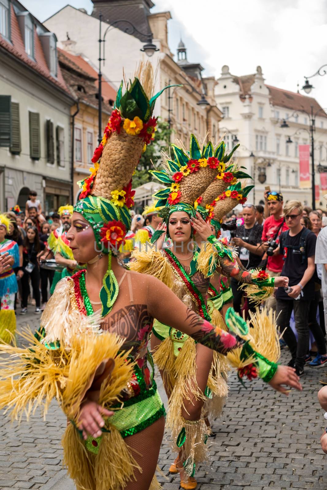 Sibiu City, Romania - 22 June 2019. The Comparsa Los Cariocas from Gran Canary islands performing at the Sibiu International Theatre Festival from Sibiu, Romania.