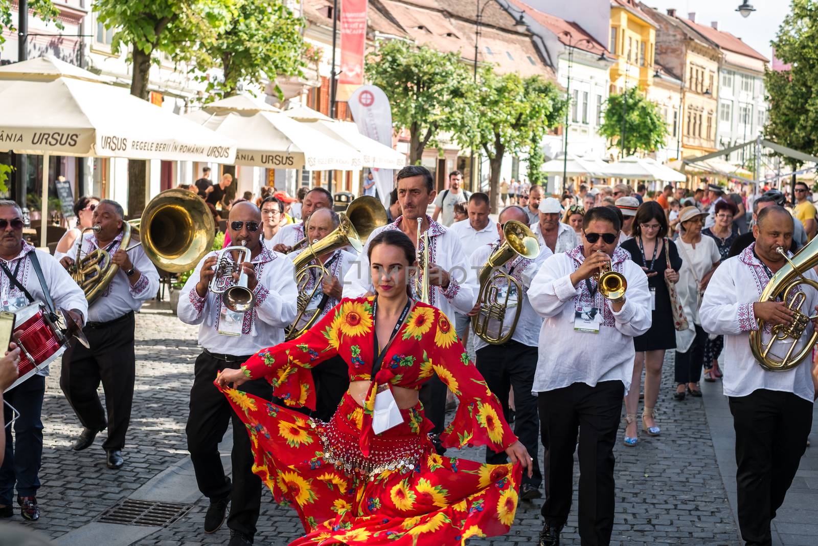 Sibiu City, Romania - 19 June 2019. The Brass Band from Cozmeşti performing at the Sibiu International Theatre Festival from Sibiu, Romania.