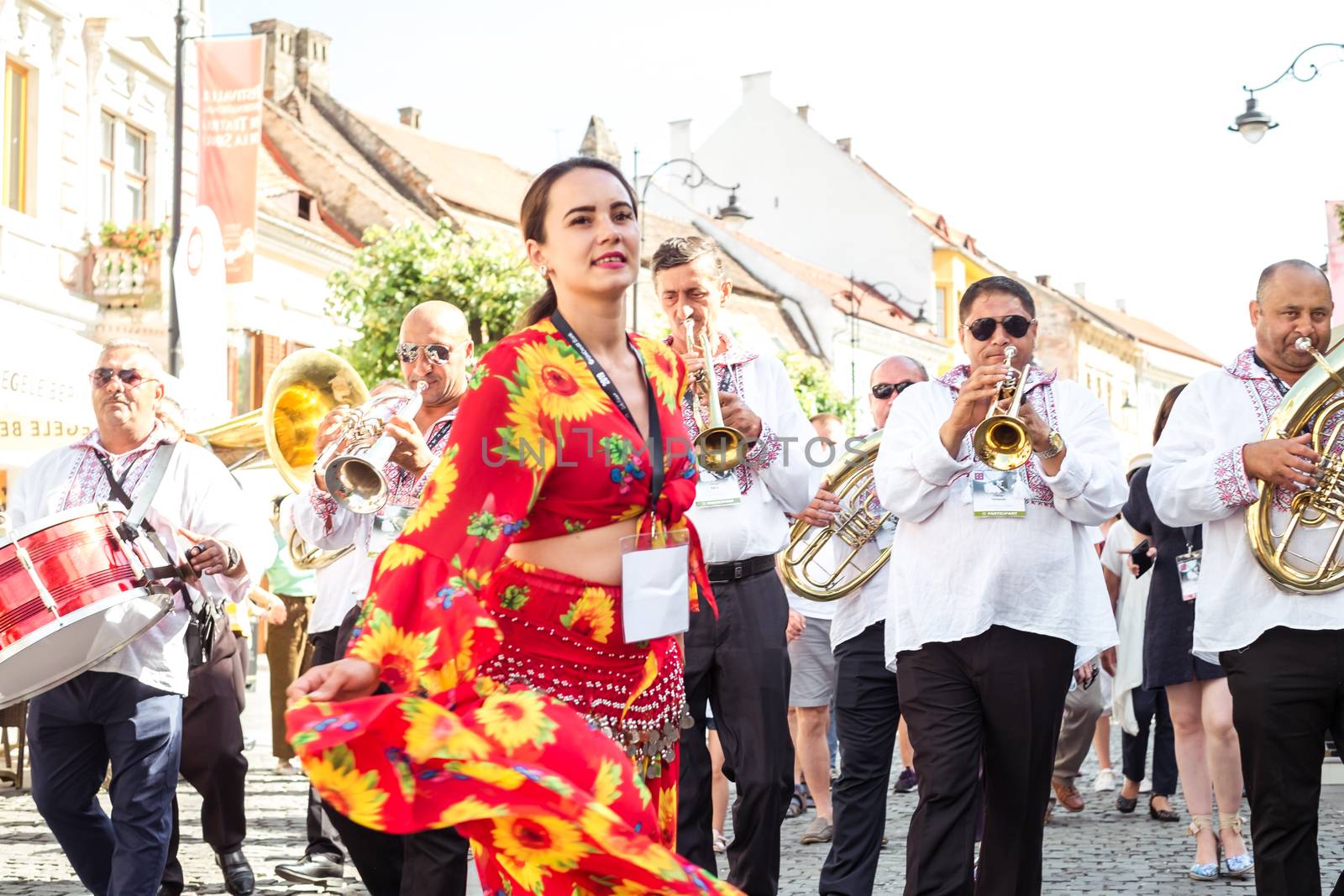 Sibiu City, Romania - 19 June 2019. The Brass Band from Cozmeşti performing at the Sibiu International Theatre Festival from Sibiu, Romania.