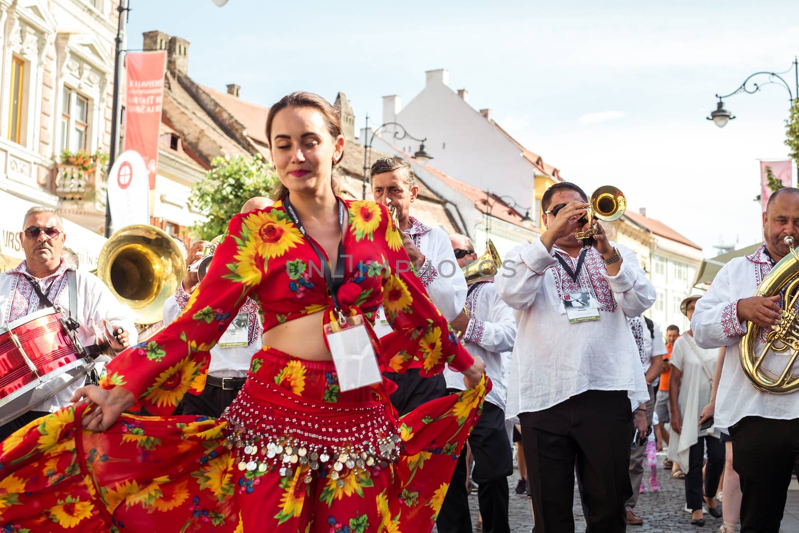 Sibiu City, Romania - 19 June 2019. The Brass Band from Cozmeşti performing at the Sibiu International Theatre Festival from Sibiu, Romania.