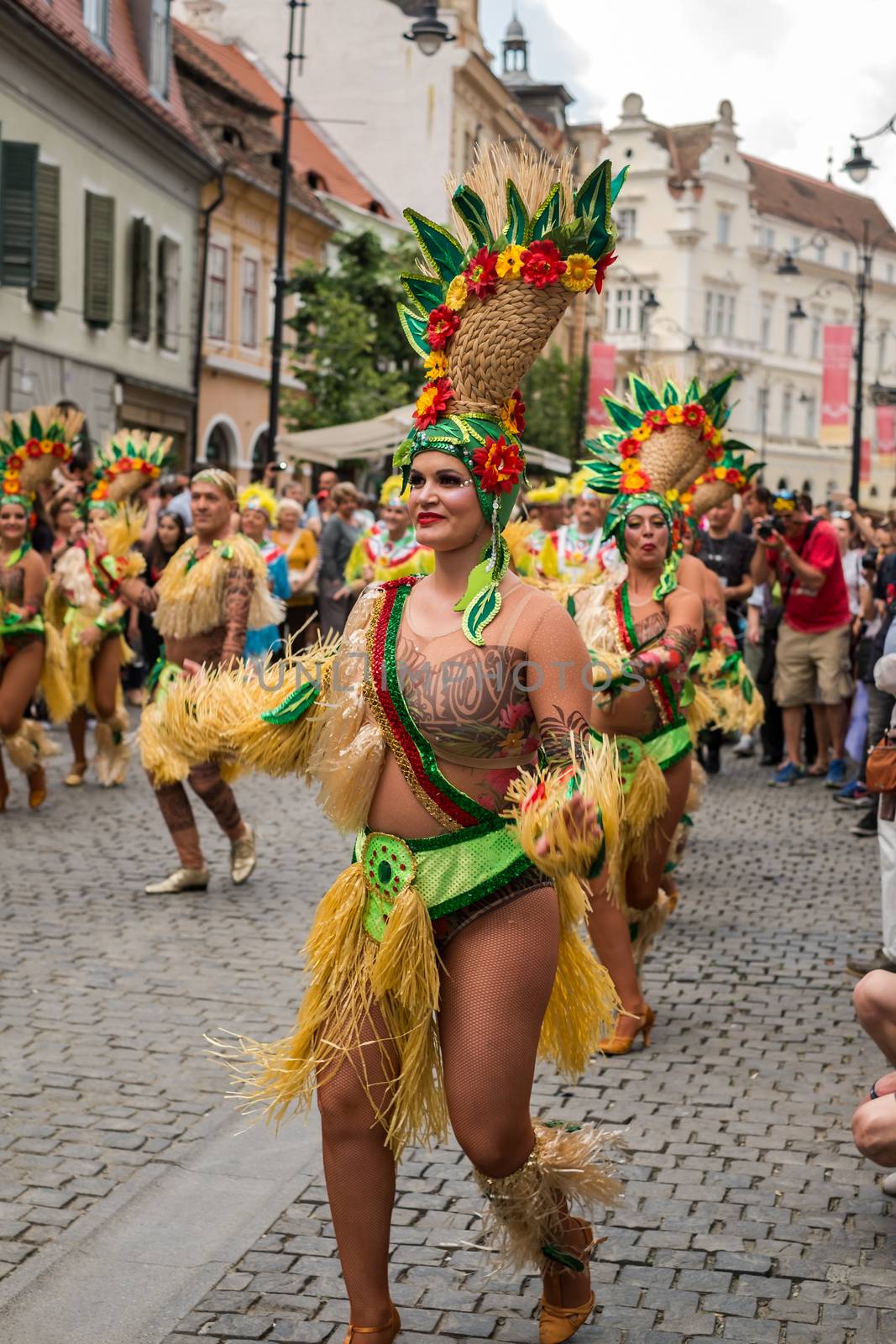 Sibiu City, Romania - 22 June 2019. The Comparsa Los Cariocas from Gran Canary islands performing at the Sibiu International Theatre Festival from Sibiu, Romania.