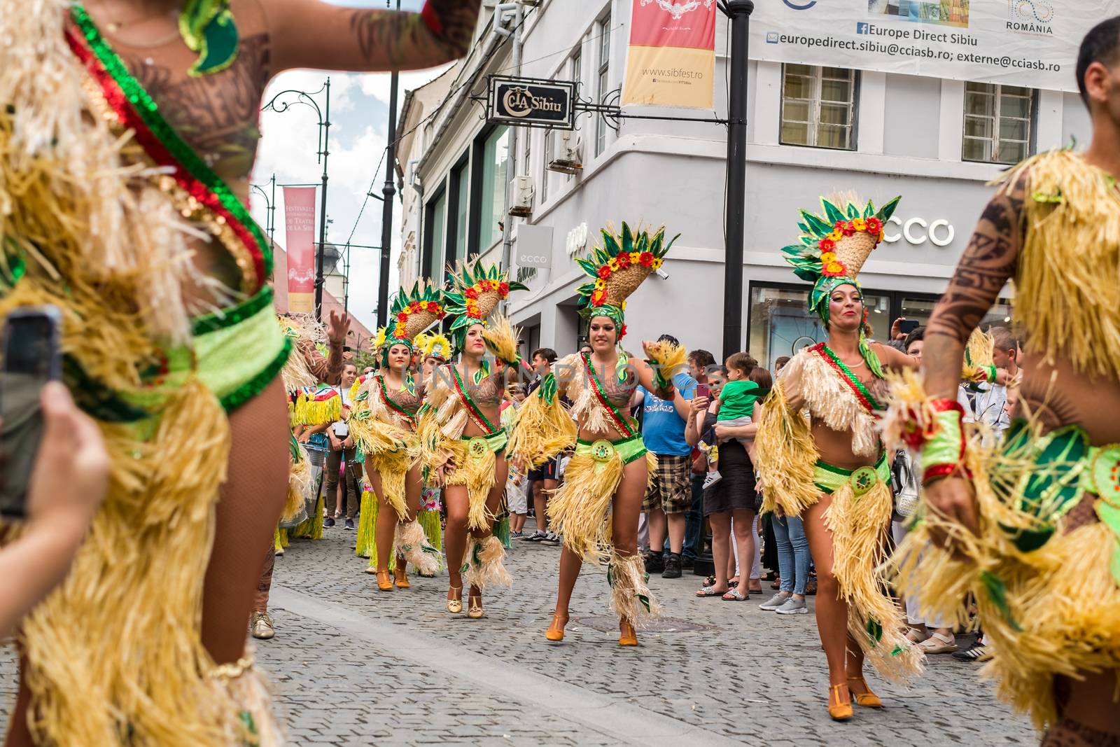 Sibiu City, Romania - 22 June 2019. The Comparsa Los Cariocas from Gran Canary islands performing at the Sibiu International Theatre Festival from Sibiu, Romania.