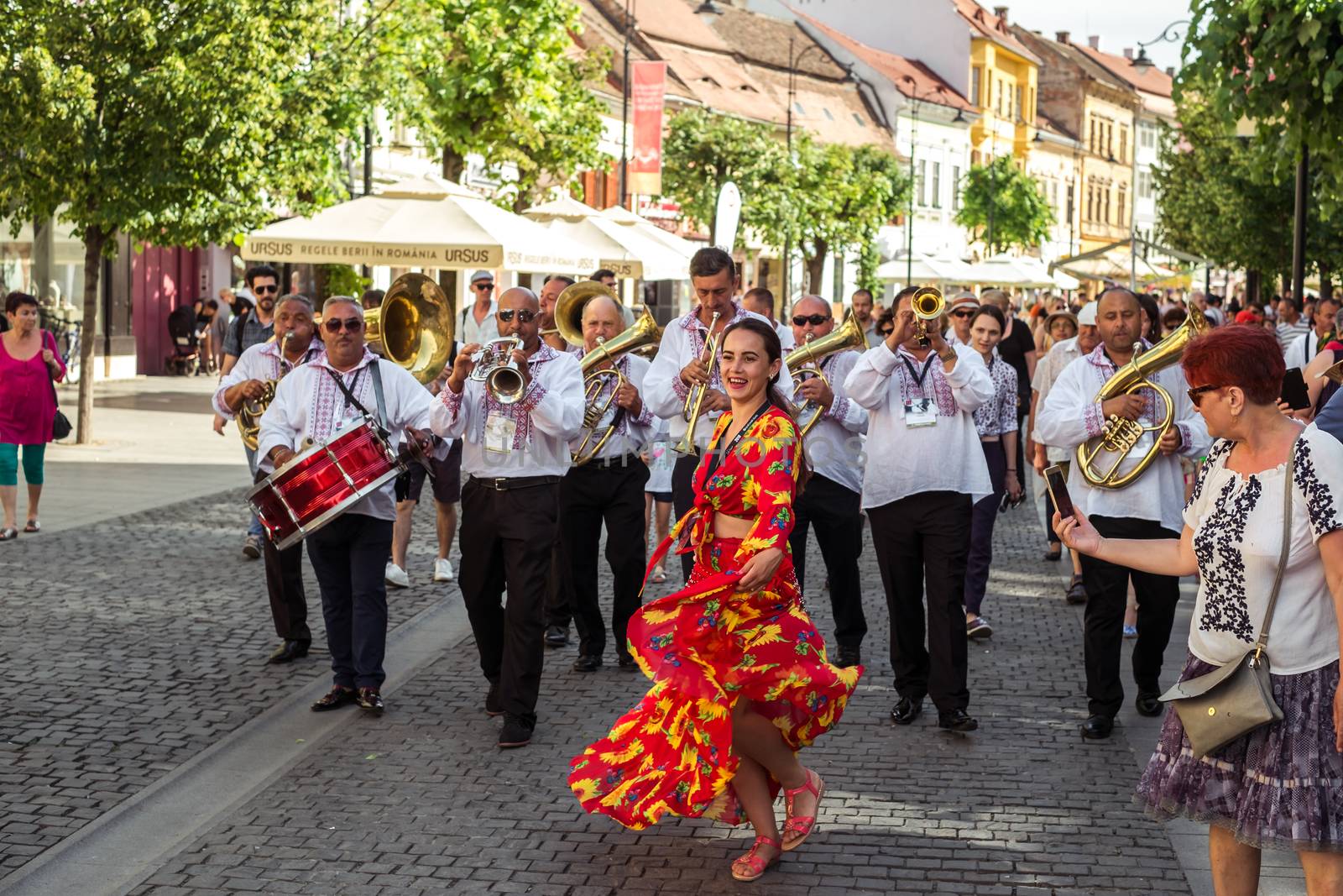 Sibiu City, Romania - 19 June 2019. The Brass Band from Cozmeşti performing at the Sibiu International Theatre Festival from Sibiu, Romania.