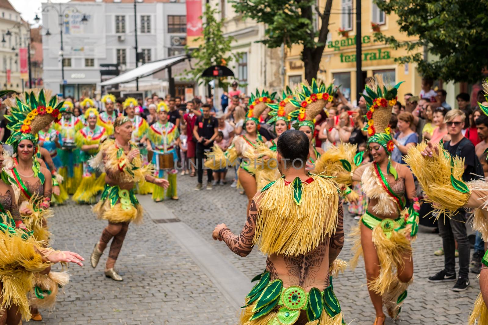 Sibiu City, Romania - 22 June 2019. The Comparsa Los Cariocas from Gran Canary islands performing at the Sibiu International Theatre Festival from Sibiu, Romania.
