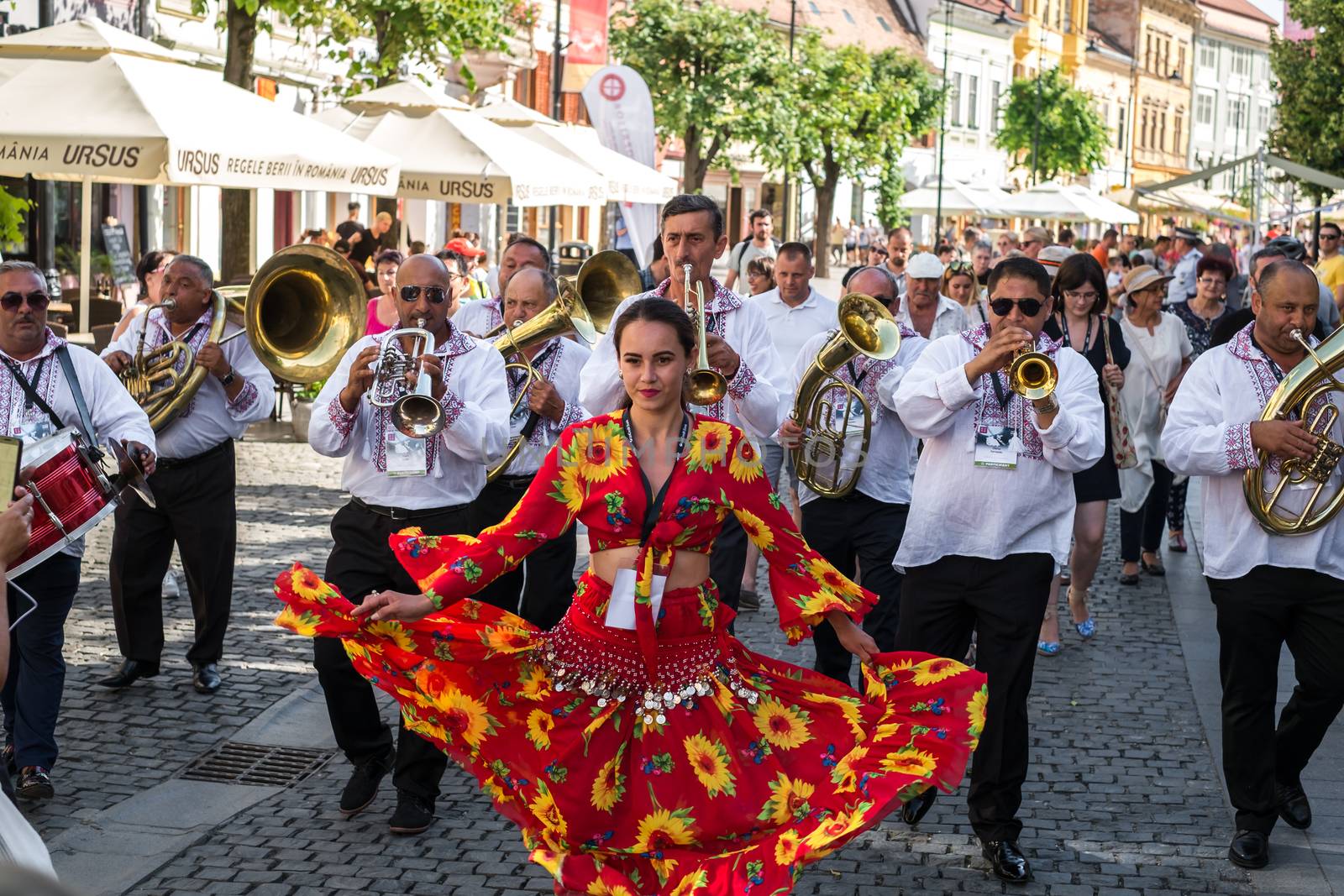 Sibiu City, Romania - 19 June 2019. The Brass Band from Cozmeşti performing at the Sibiu International Theatre Festival from Sibiu, Romania.