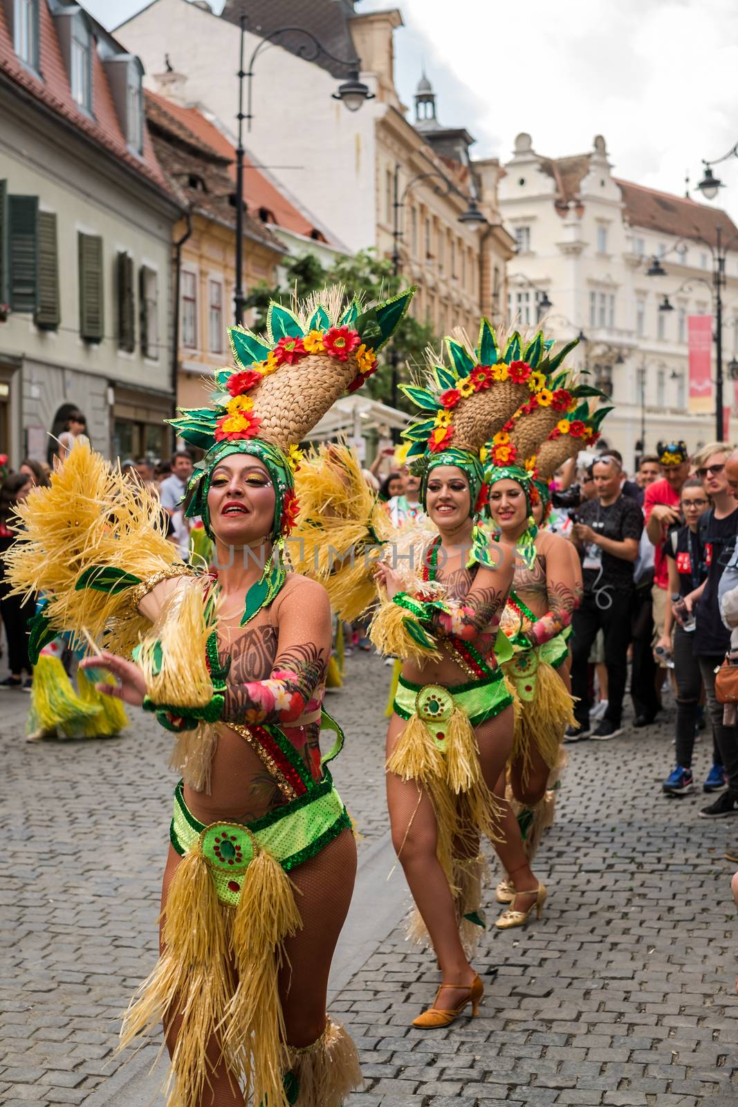 Sibiu City, Romania - 22 June 2019. The Comparsa Los Cariocas from Gran Canary islands performing at the Sibiu International Theatre Festival from Sibiu, Romania.