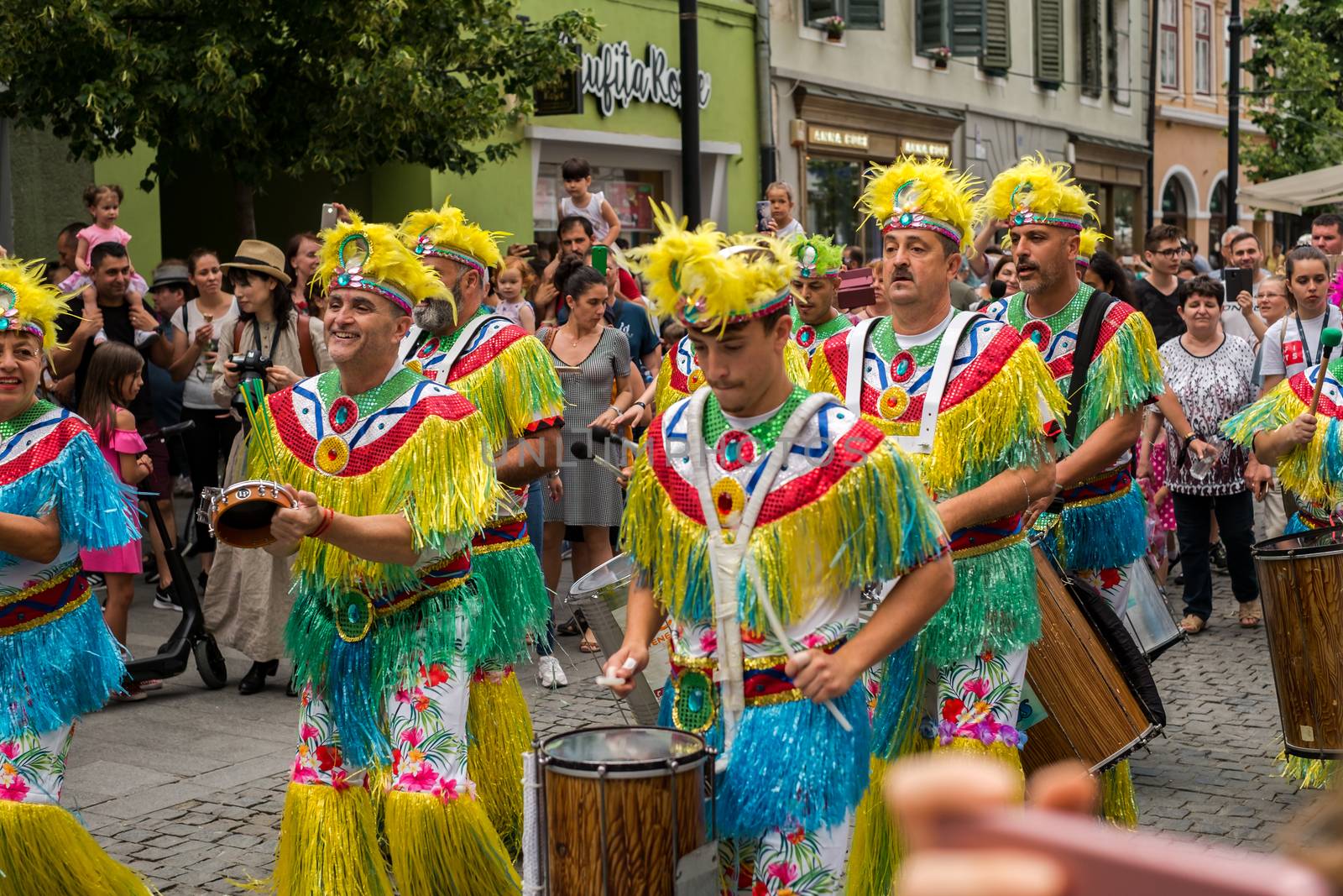 Sibiu City, Romania - 22 June 2019. The Comparsa Los Cariocas from Gran Canary islands performing at the Sibiu International Theatre Festival from Sibiu, Romania.