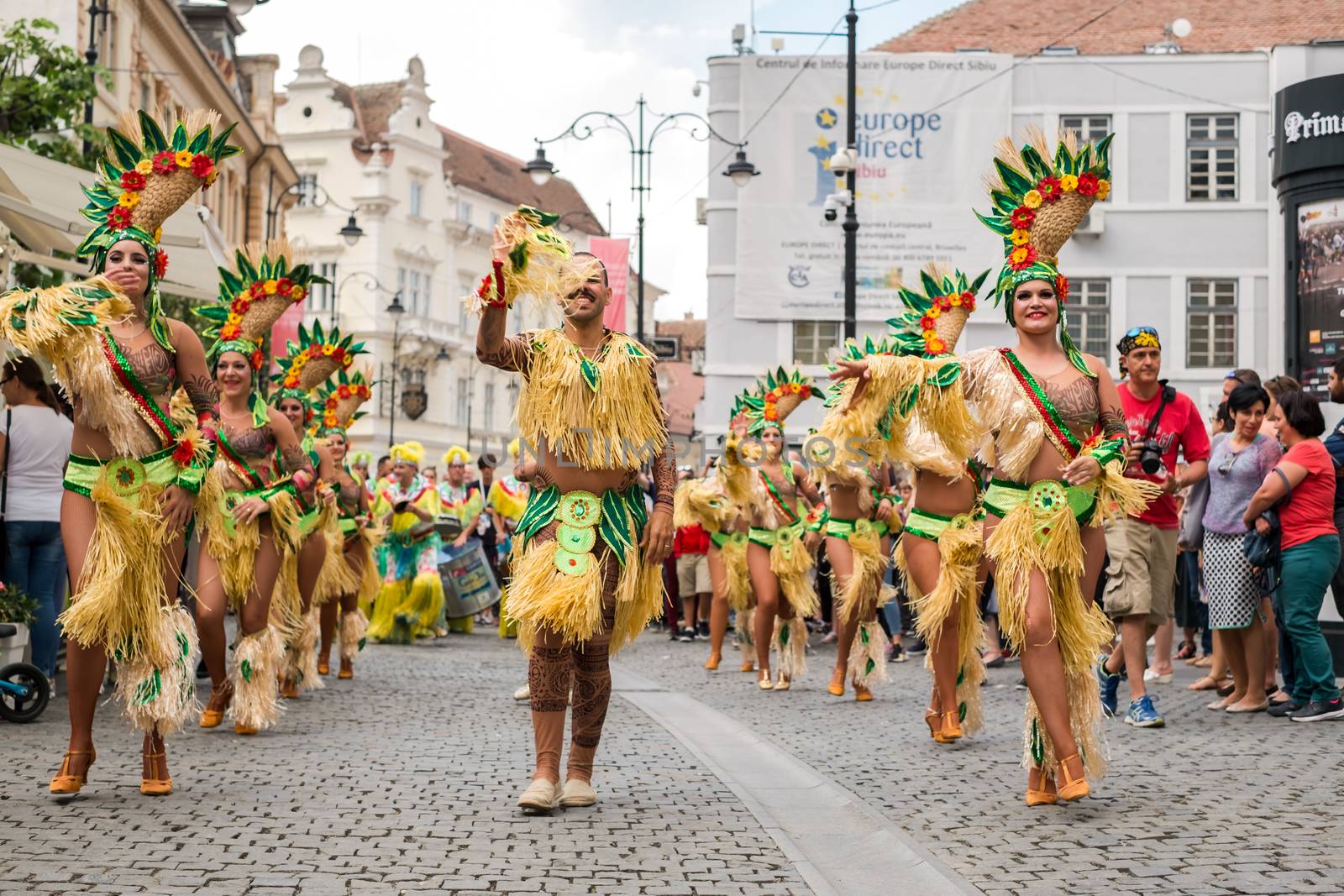 Sibiu City, Romania - 22 June 2019. The Comparsa Los Cariocas from Gran Canary islands performing at the Sibiu International Theatre Festival from Sibiu, Romania.