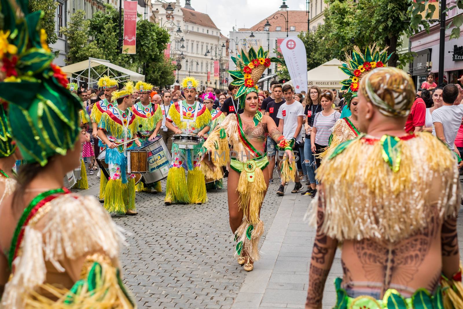 Sibiu City, Romania - 22 June 2019. The Comparsa Los Cariocas from Gran Canary islands performing at the Sibiu International Theatre Festival from Sibiu, Romania.
