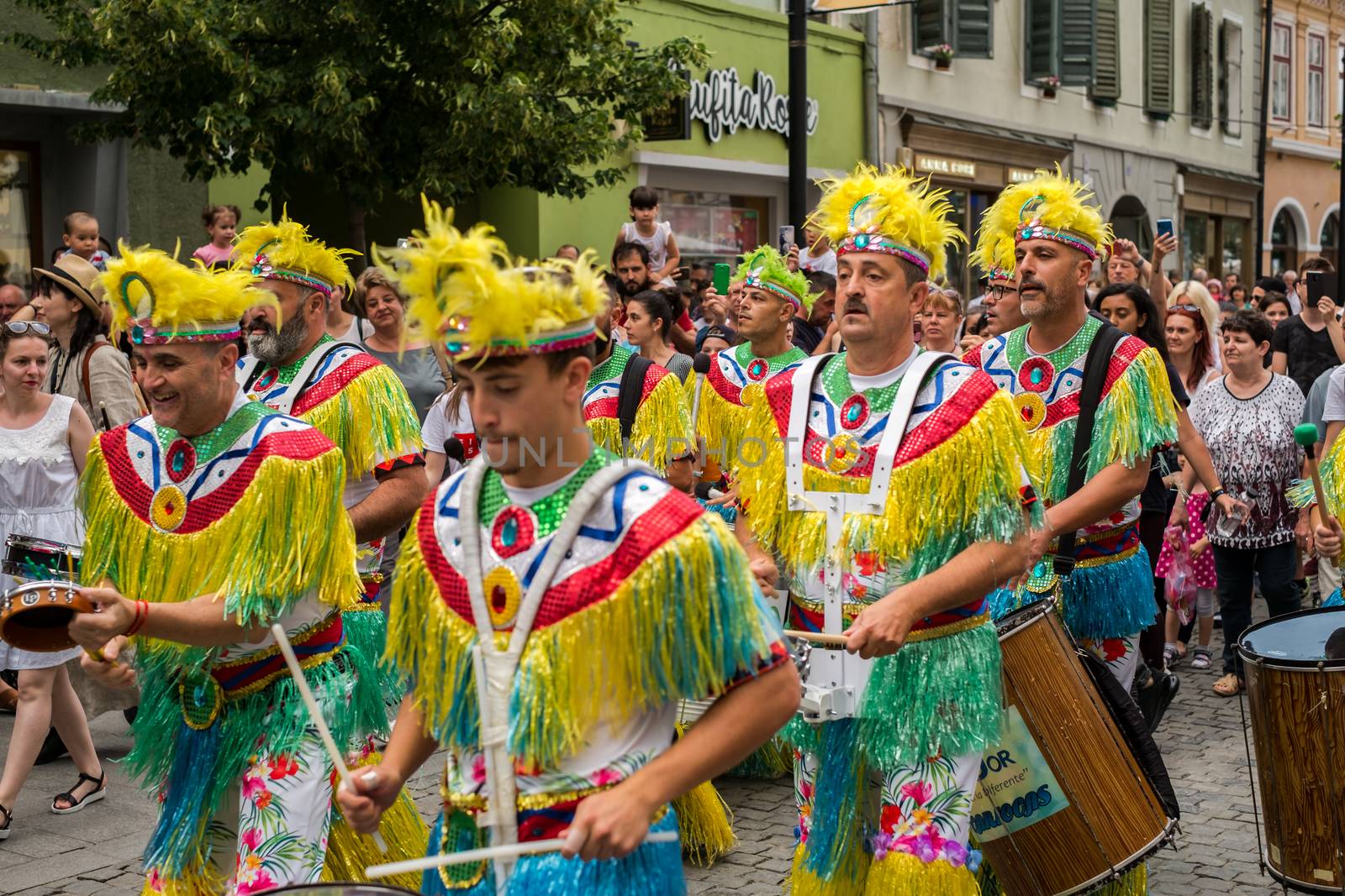 Sibiu City, Romania - 22 June 2019. The Comparsa Los Cariocas from Gran Canary islands performing at the Sibiu International Theatre Festival from Sibiu, Romania.
