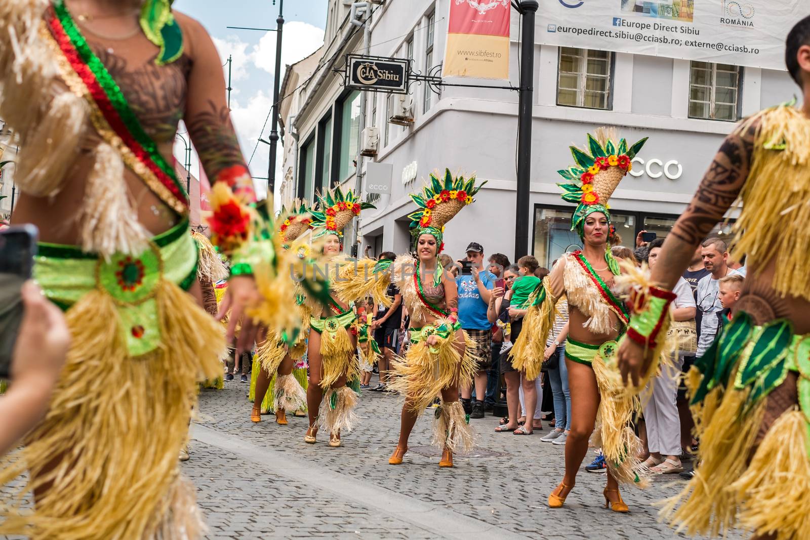 Sibiu City, Romania - 22 June 2019. The Comparsa Los Cariocas from Gran Canary islands performing at the Sibiu International Theatre Festival from Sibiu, Romania.