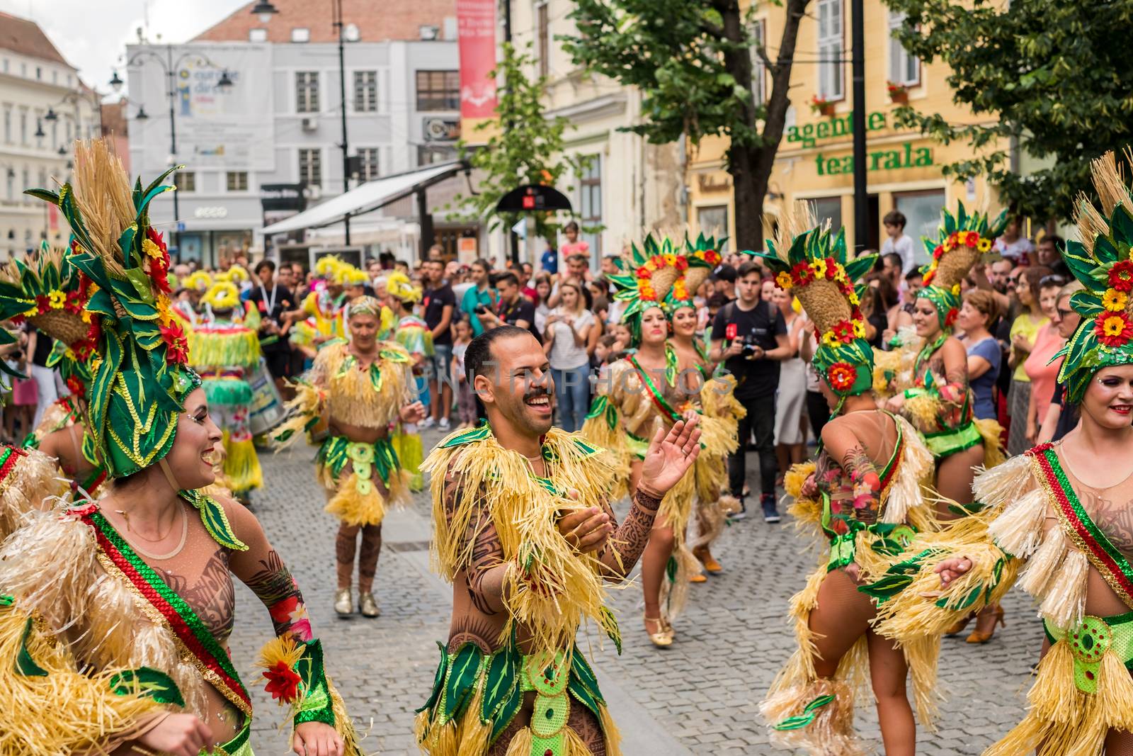 Sibiu City, Romania - 22 June 2019. The Comparsa Los Cariocas from Gran Canary islands performing at the Sibiu International Theatre Festival from Sibiu, Romania.