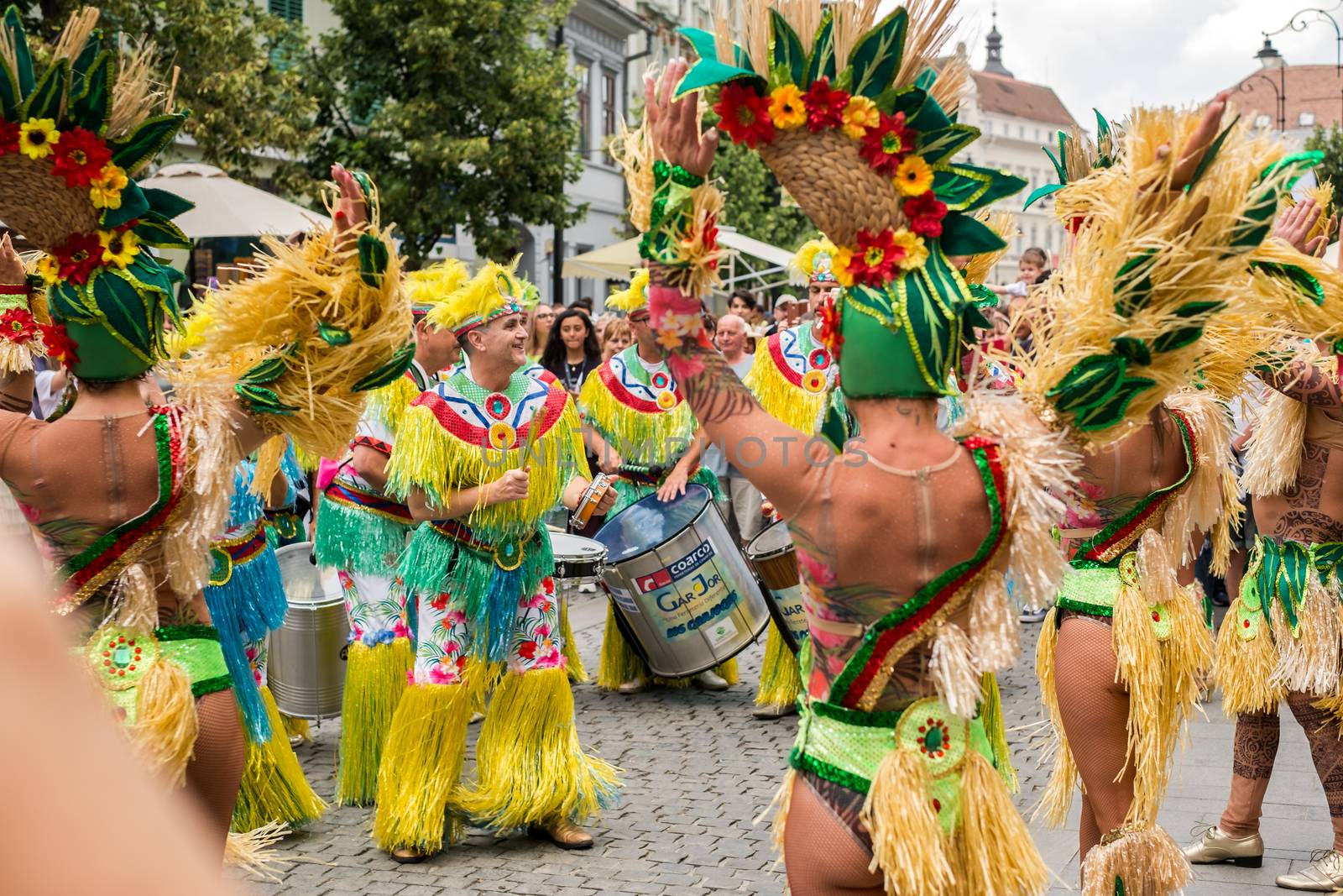 Sibiu City, Romania - 22 June 2019. The Comparsa Los Cariocas from Gran Canary islands performing at the Sibiu International Theatre Festival from Sibiu, Romania.