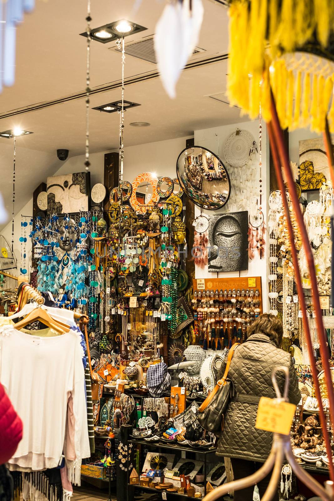 Malaga, Spain - March 30, 2018. Shop with specific Spanish souvenirs in Malaga city, Costa del sol, Spain