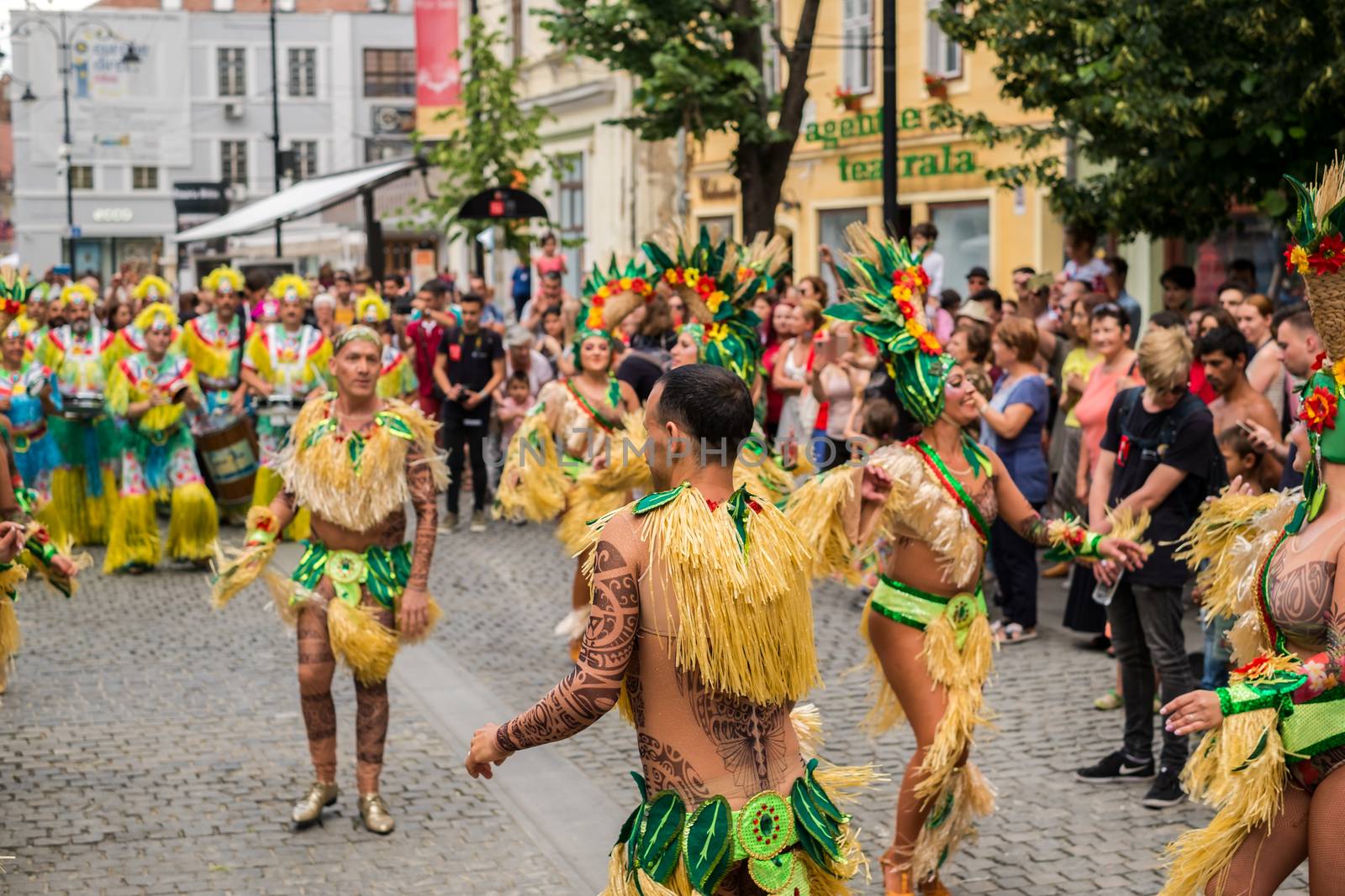Sibiu City, Romania - 22 June 2019. The Comparsa Los Cariocas from Gran Canary islands performing at the Sibiu International Theatre Festival from Sibiu, Romania.