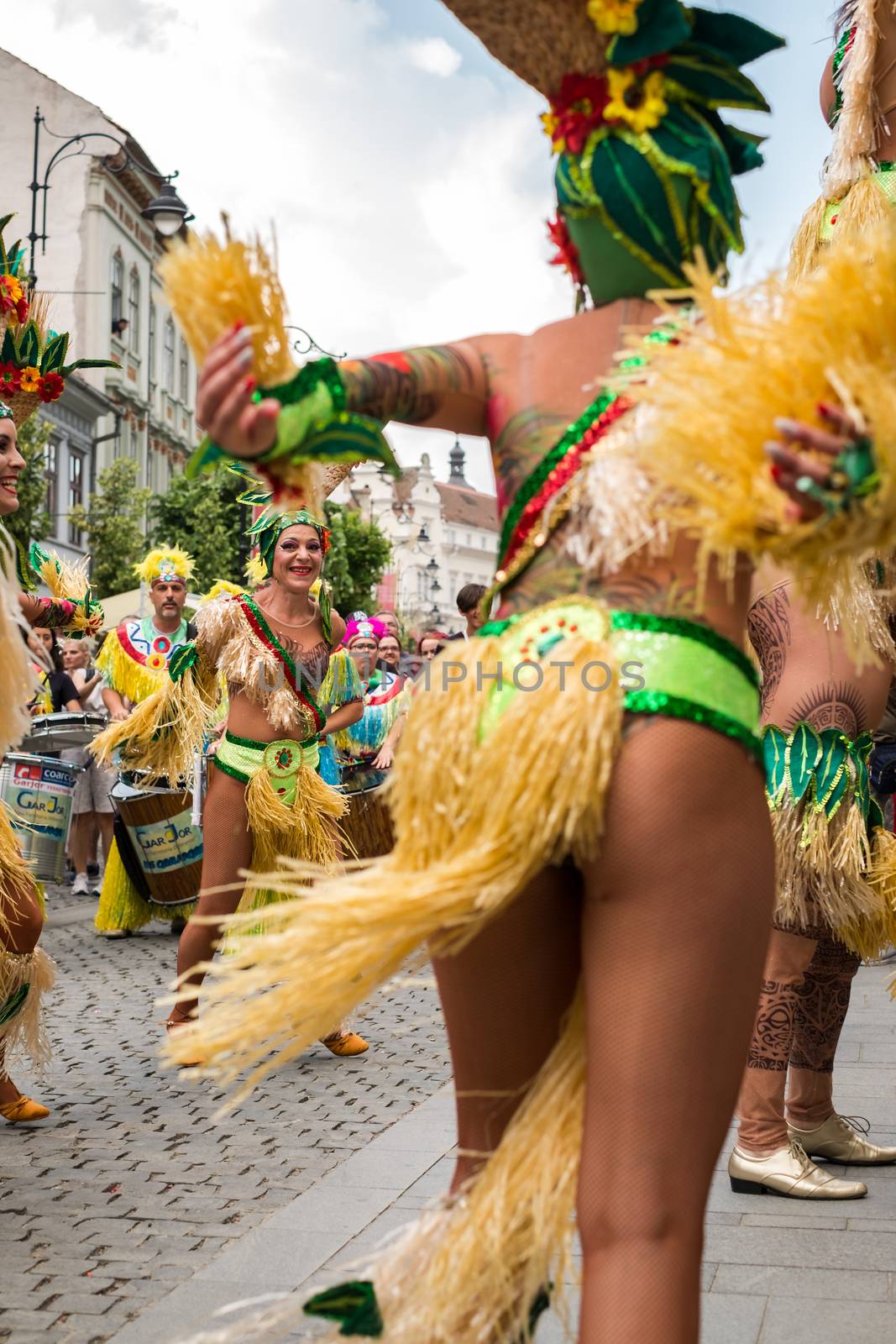 Sibiu City, Romania - 22 June 2019. The Comparsa Los Cariocas from Gran Canary islands performing at the Sibiu International Theatre Festival from Sibiu, Romania.