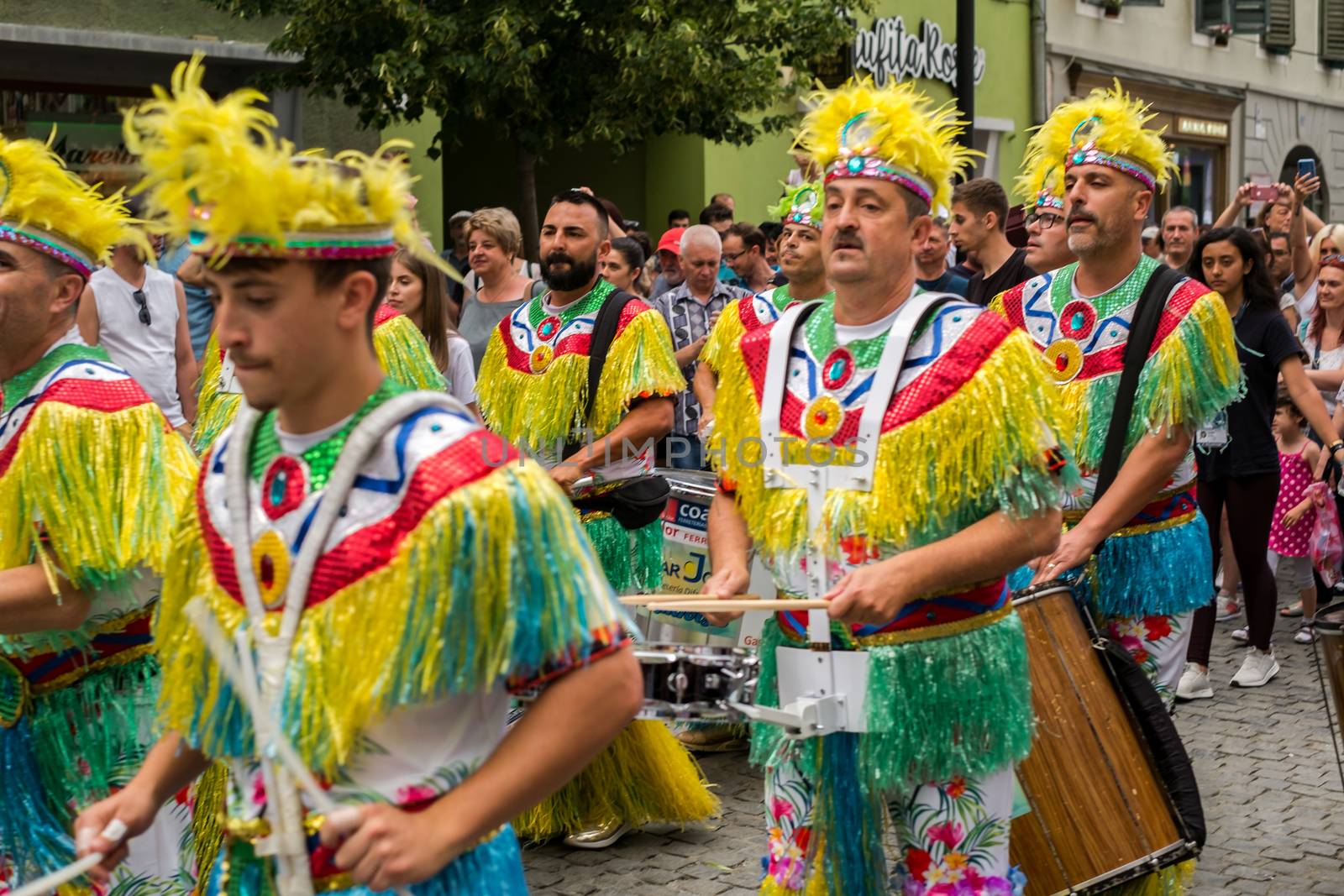 Sibiu City, Romania - 22 June 2019. The Comparsa Los Cariocas from Gran Canary islands performing at the Sibiu International Theatre Festival from Sibiu, Romania.