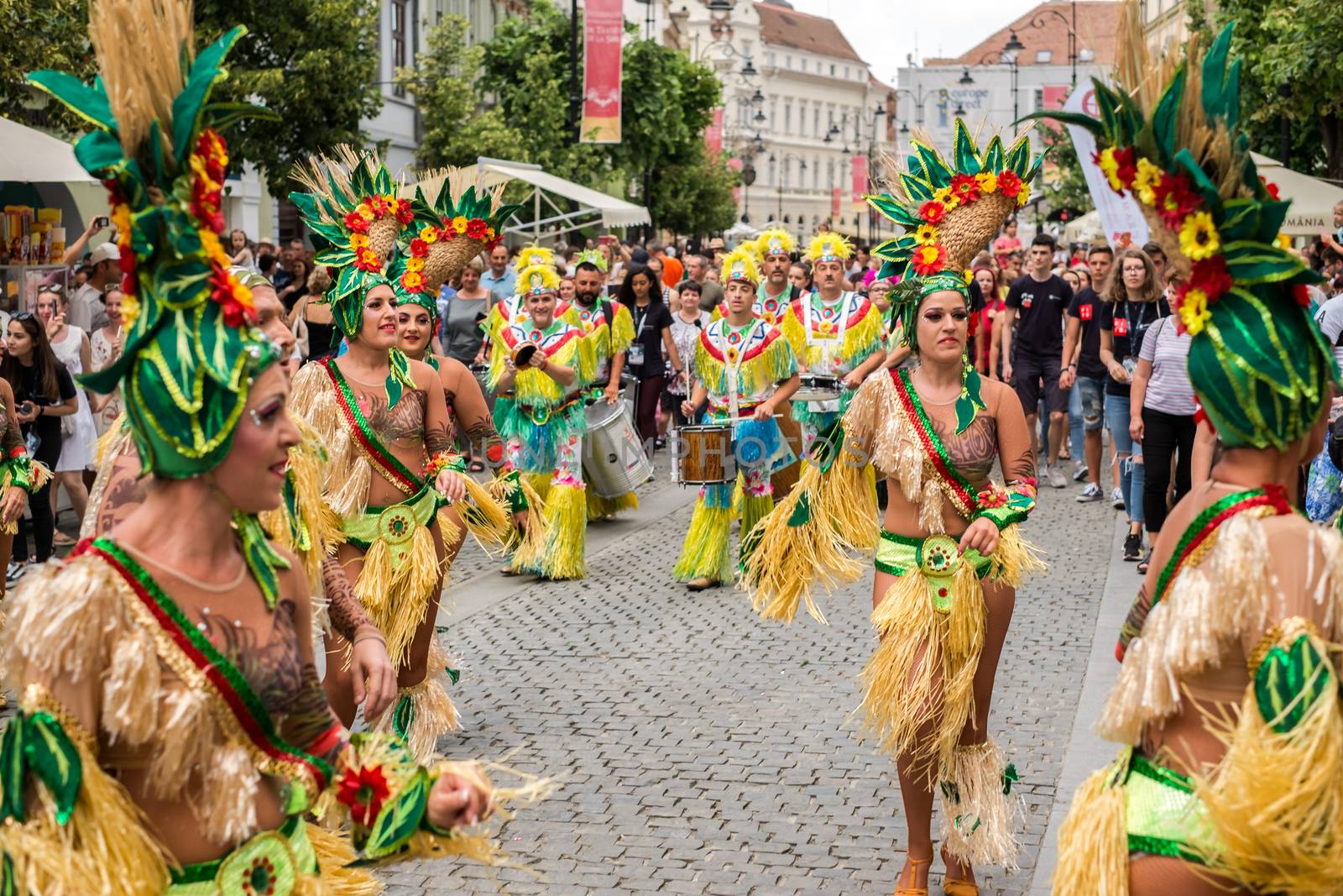 Sibiu City, Romania - 22 June 2019. The Comparsa Los Cariocas from Gran Canary islands performing at the Sibiu International Theatre Festival from Sibiu, Romania.