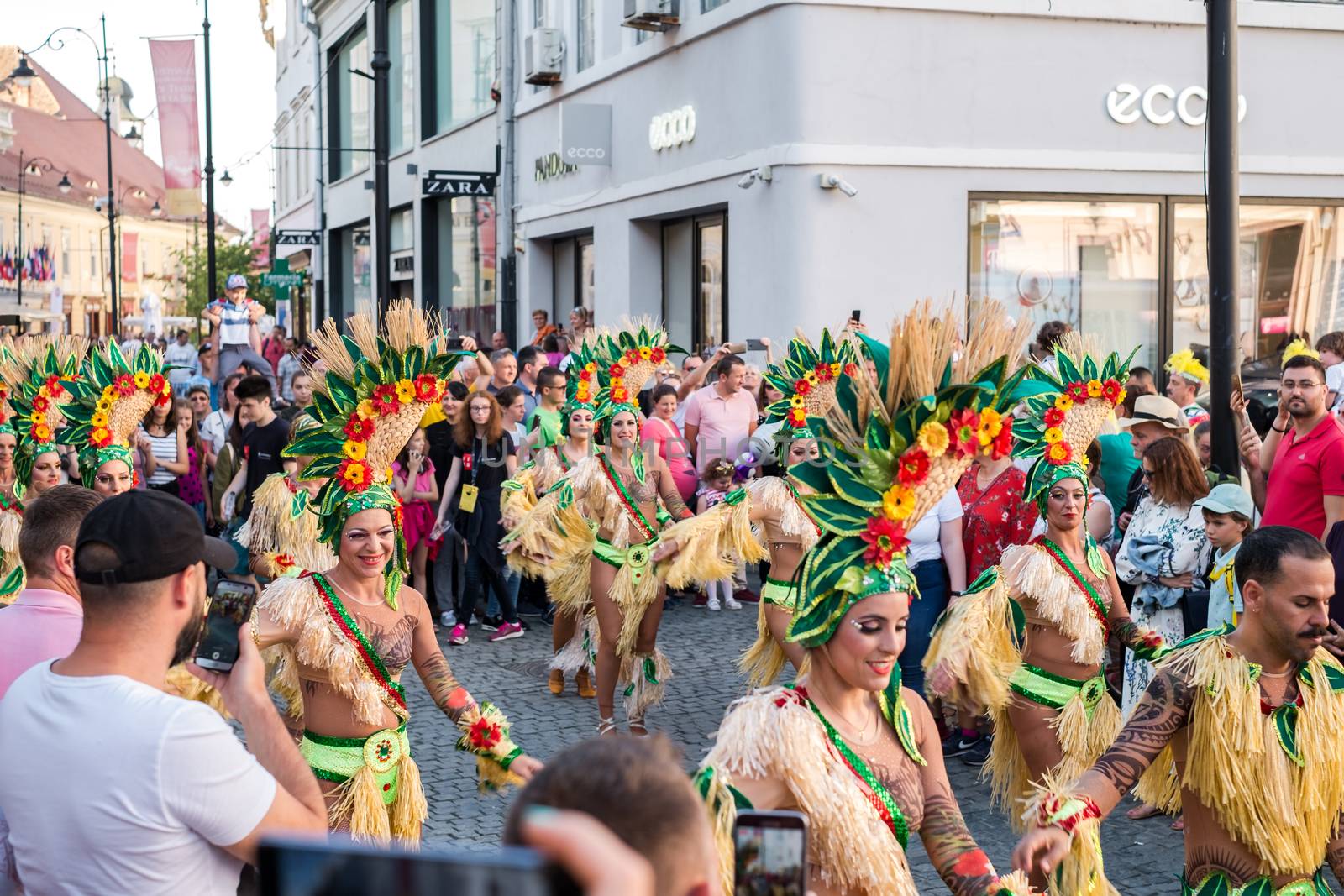 Sibiu City, Romania - 22 June 2019. The Comparsa Los Cariocas from Gran Canary islands performing at the Sibiu International Theatre Festival from Sibiu, Romania.