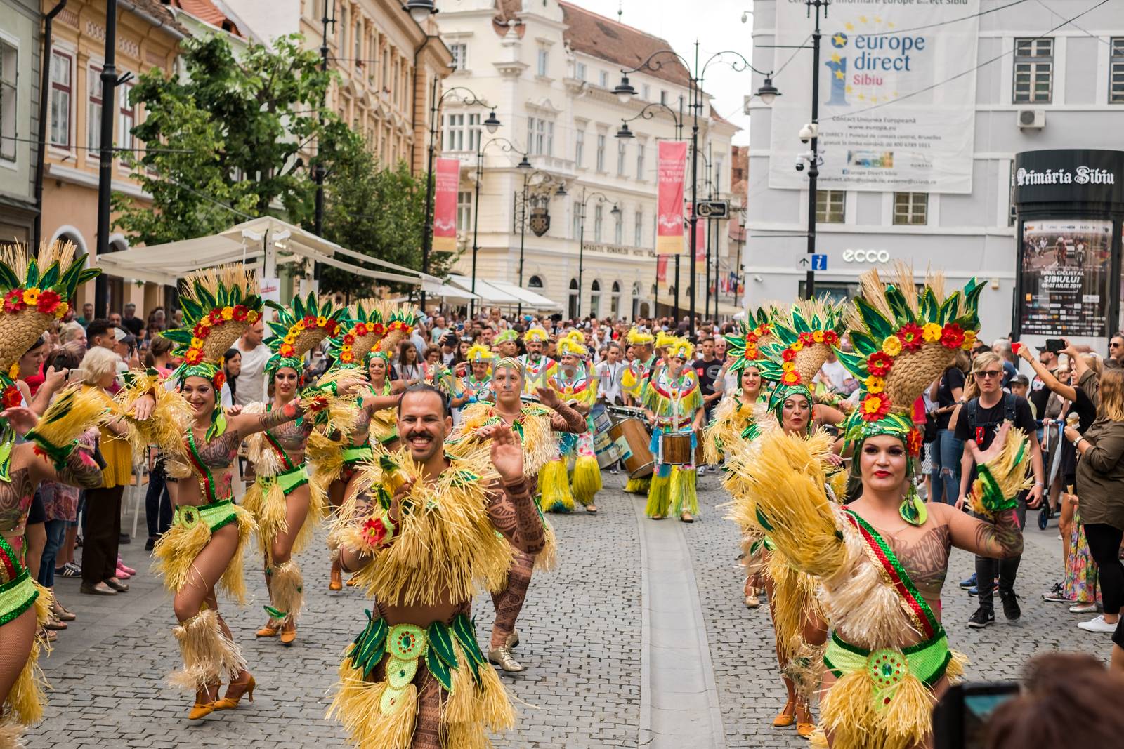 Sibiu City, Romania - 22 June 2019. The Comparsa Los Cariocas from Gran Canary islands performing at the Sibiu International Theatre Festival from Sibiu, Romania.