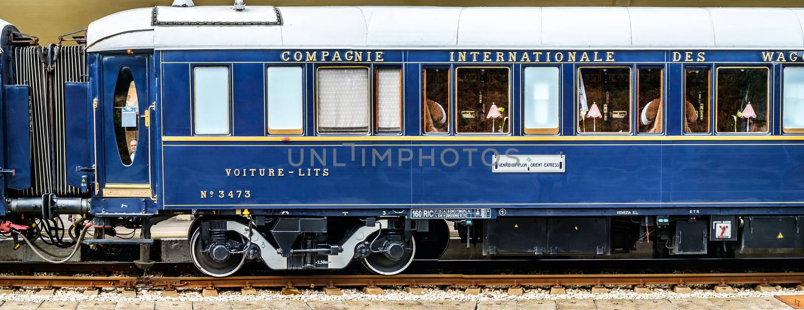 Ruse city, Bulgaria - August 29, 2017. The legendary Venice Simplon Orient Express is ready to depart from Ruse Railway station. Sleeper. The luxury train travels between Paris and Istanbul.