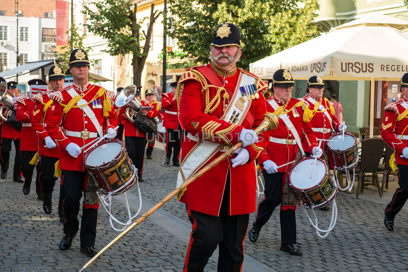 Sibiu City, Romania - 18 June 2019. The Yorkshire Volunteers Band from UK, performing at the Sibiu International Theatre Festival from Sibiu, Romania.