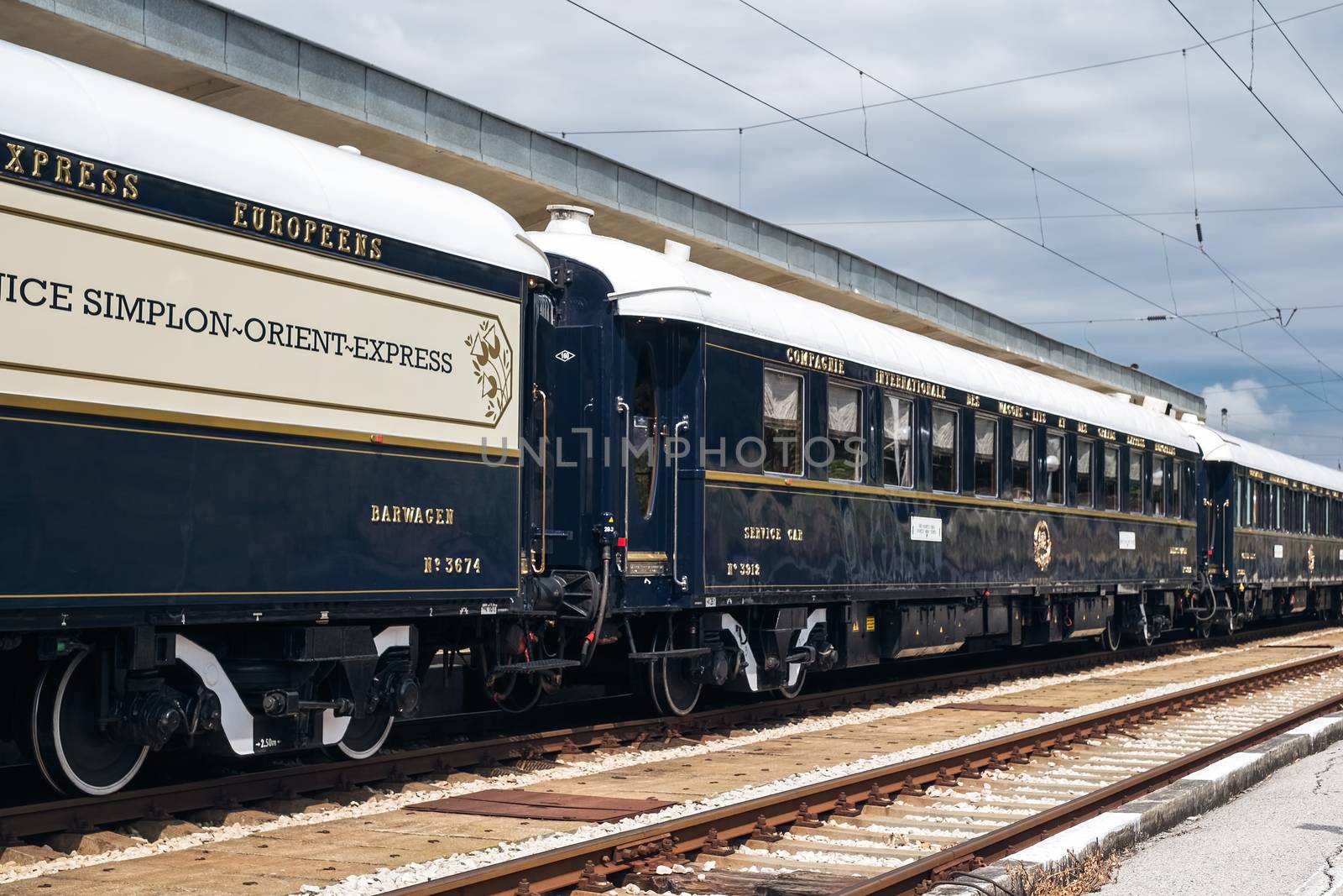 Ruse city, Bulgaria - August 29, 2017. The legendary Venice Simplon Orient Express is ready to depart from Ruse Railway station. Sleeper. The luxury train travels between Paris and Istanbul.