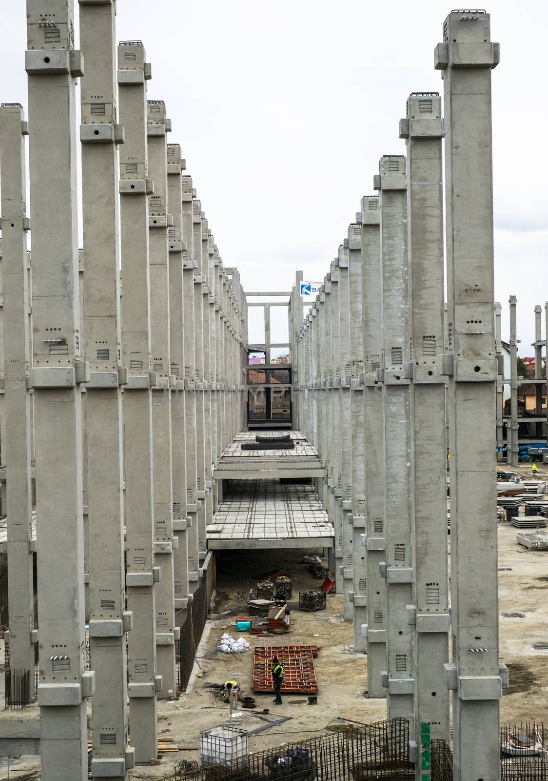 Sibiu, Romania - March 16, 2019. workers at steel reinforcement for The mall Festival Centrum building site