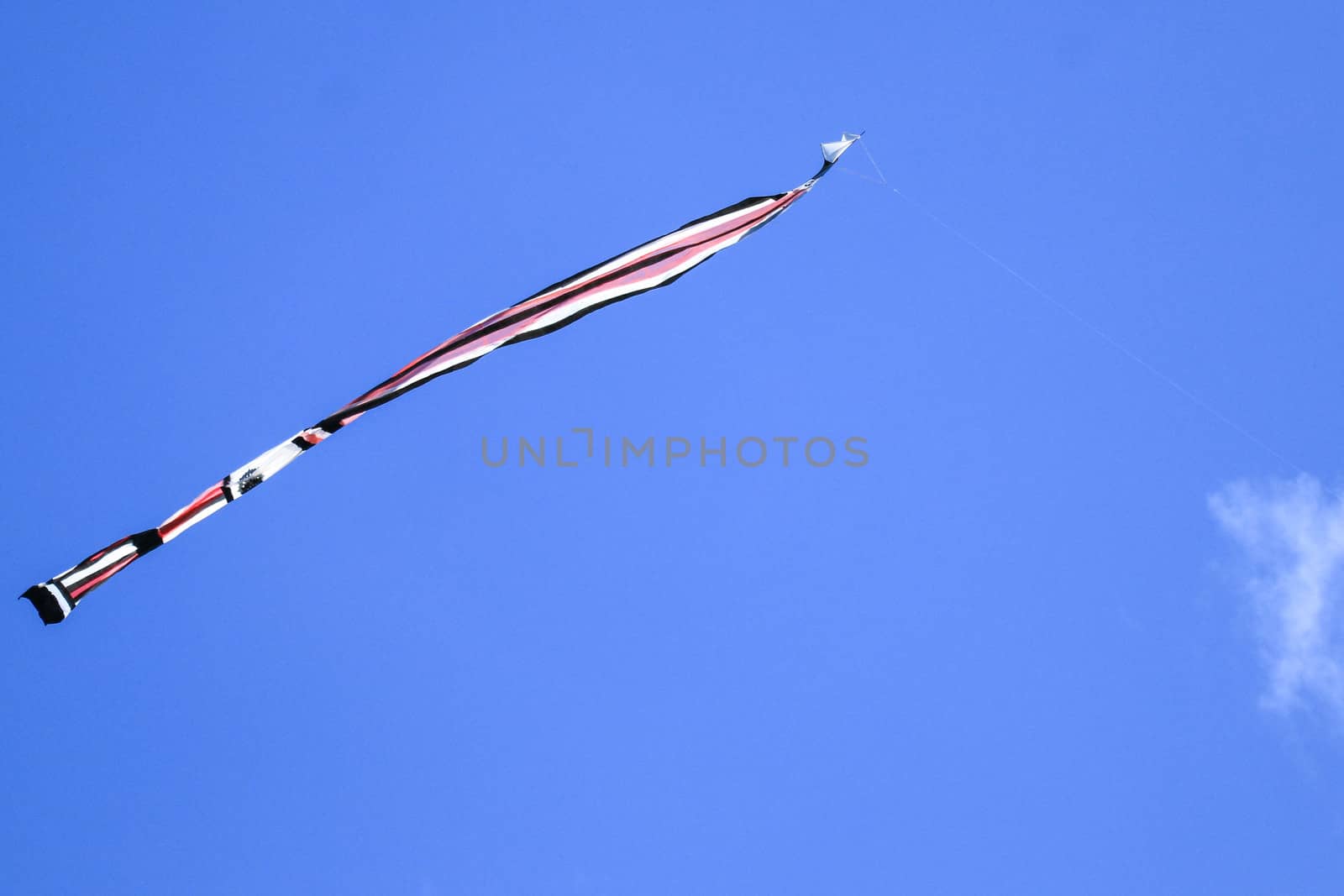 kite long tailfly on blue sky. The colorful kite on the blue sky with clouds. Space for text.