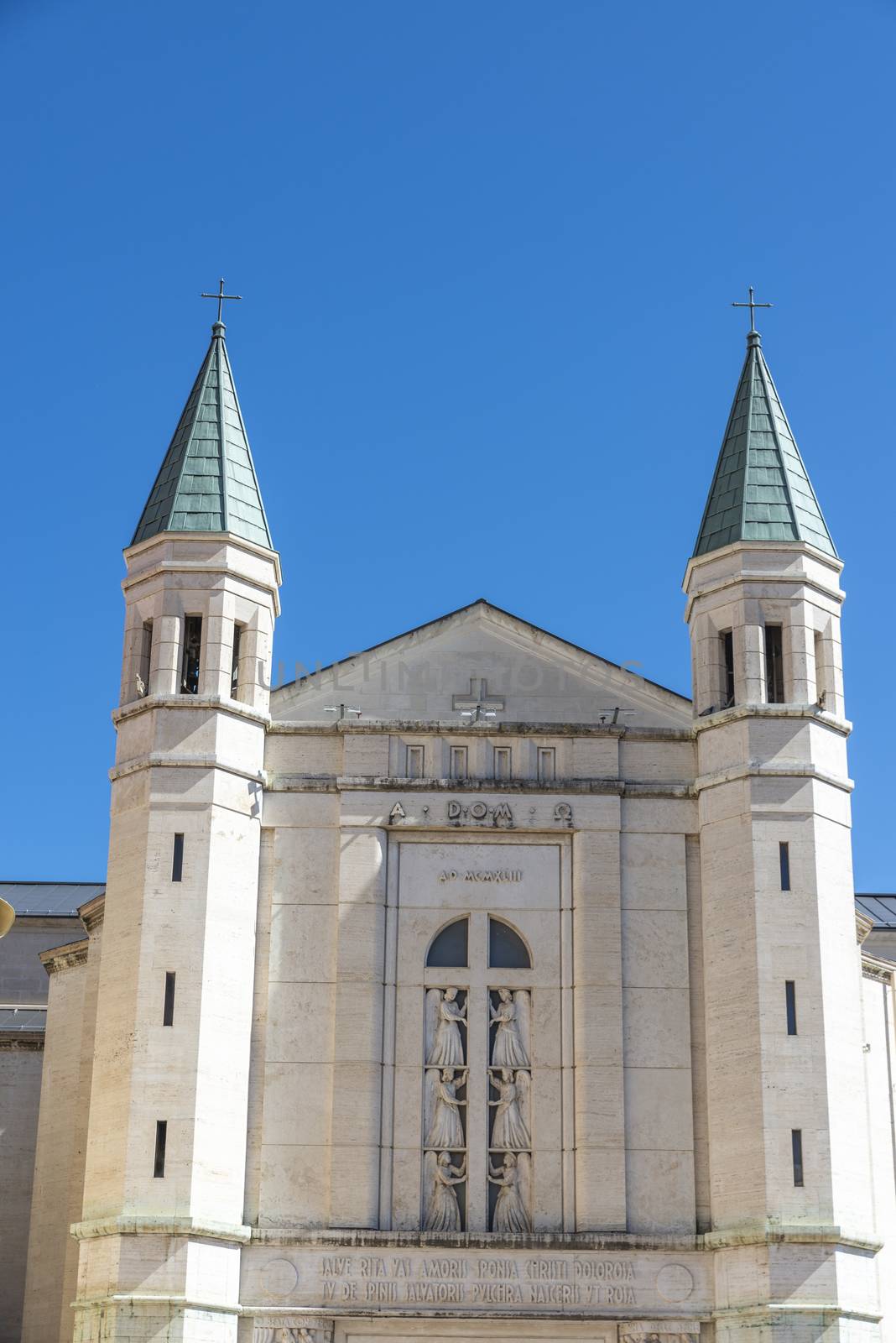 cascia,italy july 05 2020:cathedral of santa rita of cascia on a sunny day