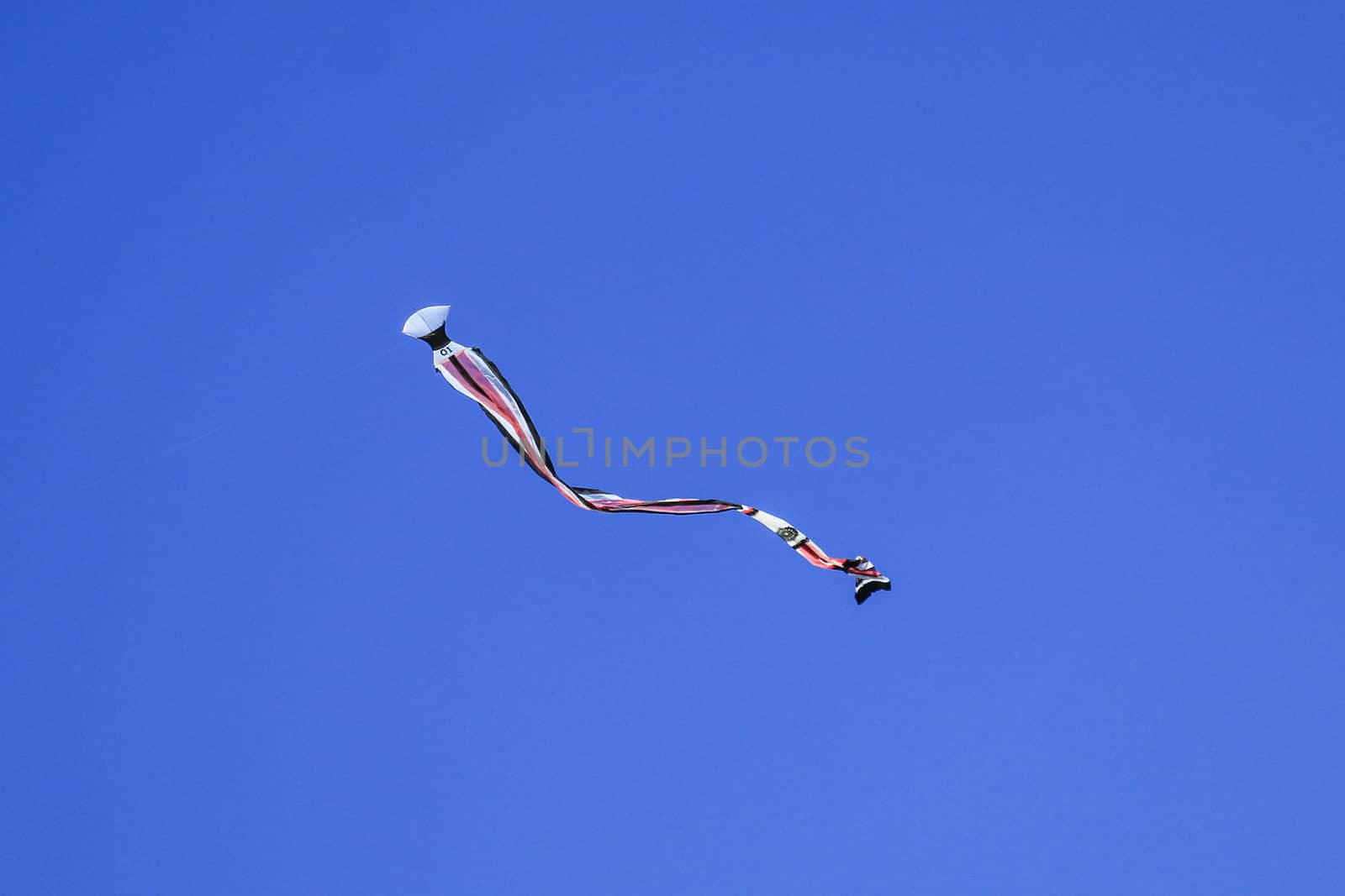 kite long tailfly on blue sky. The colorful kite on the blue sky without clouds. Space for text.