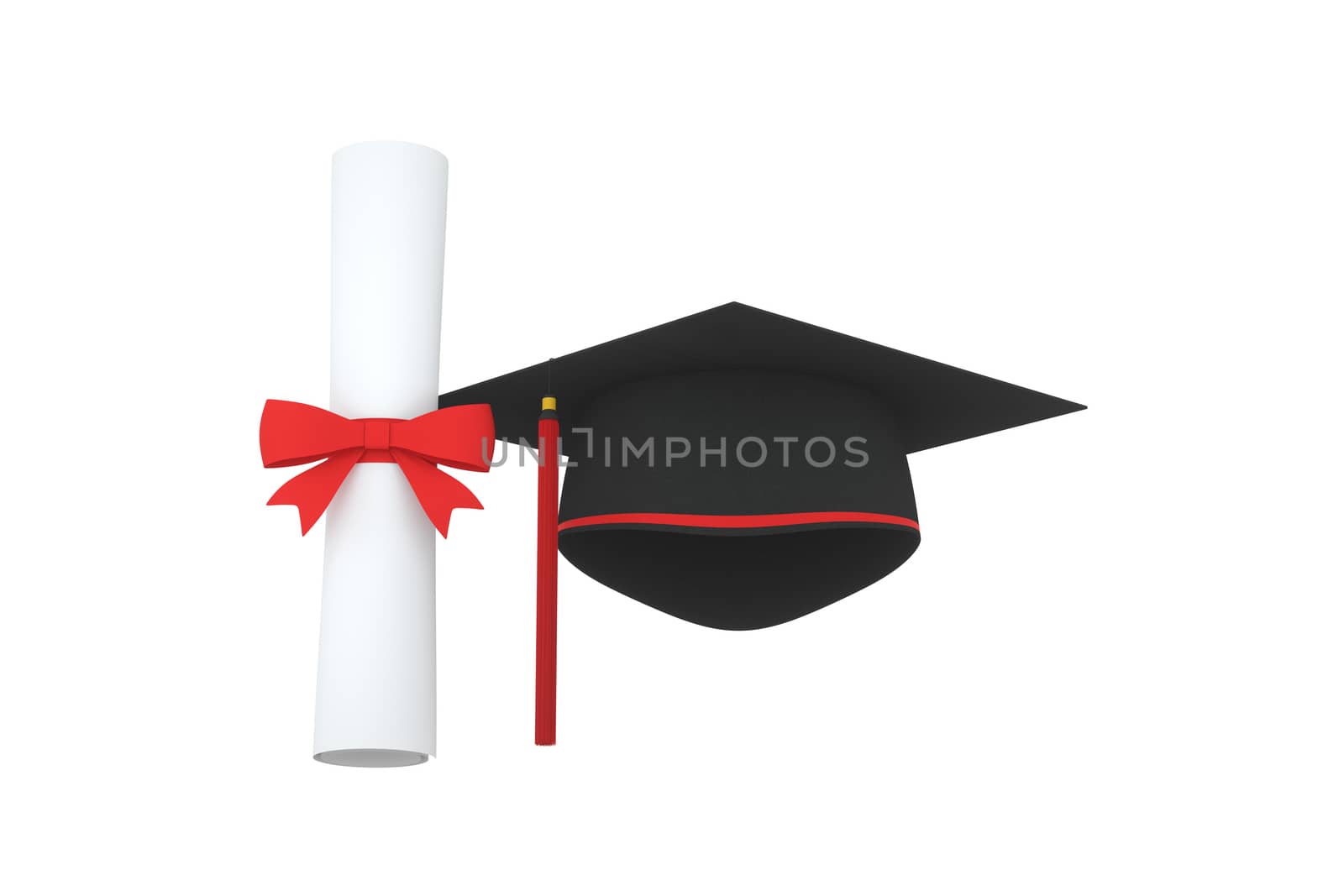 Graduate hat with diploma aside on white background, 3d rendering. by vinkfan