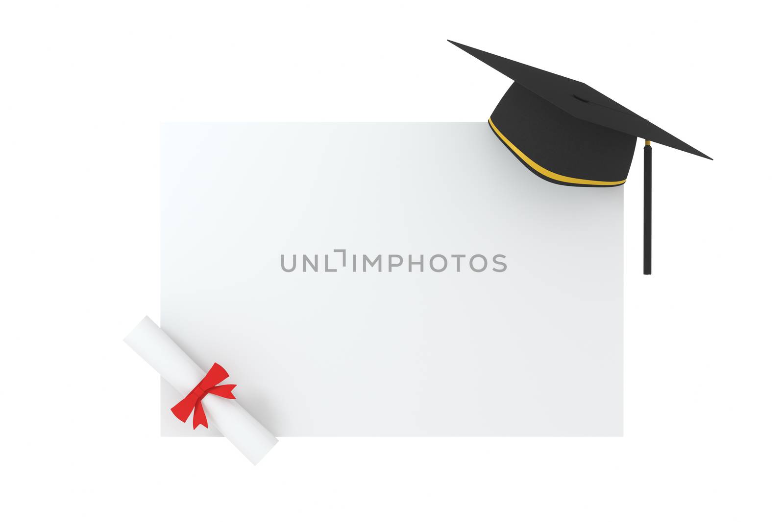 Graduate hat with white board background, 3d rendering. Computer digital drawing.