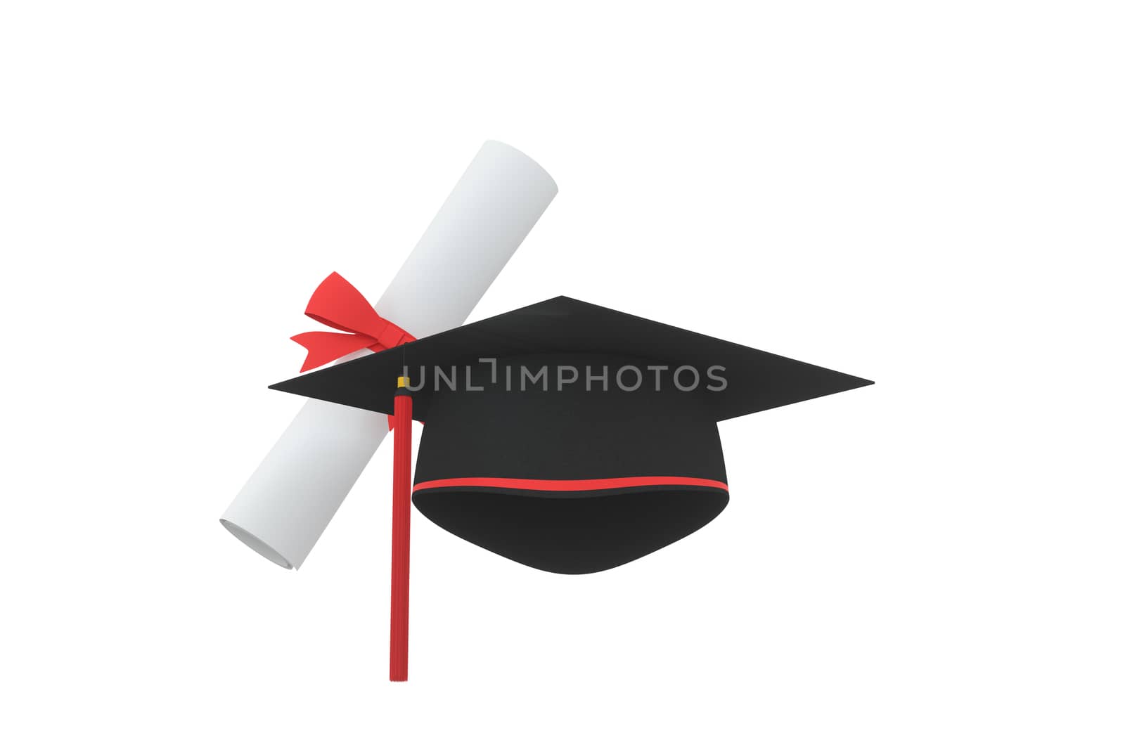 Graduate hat with diploma aside on white background, 3d rendering. by vinkfan