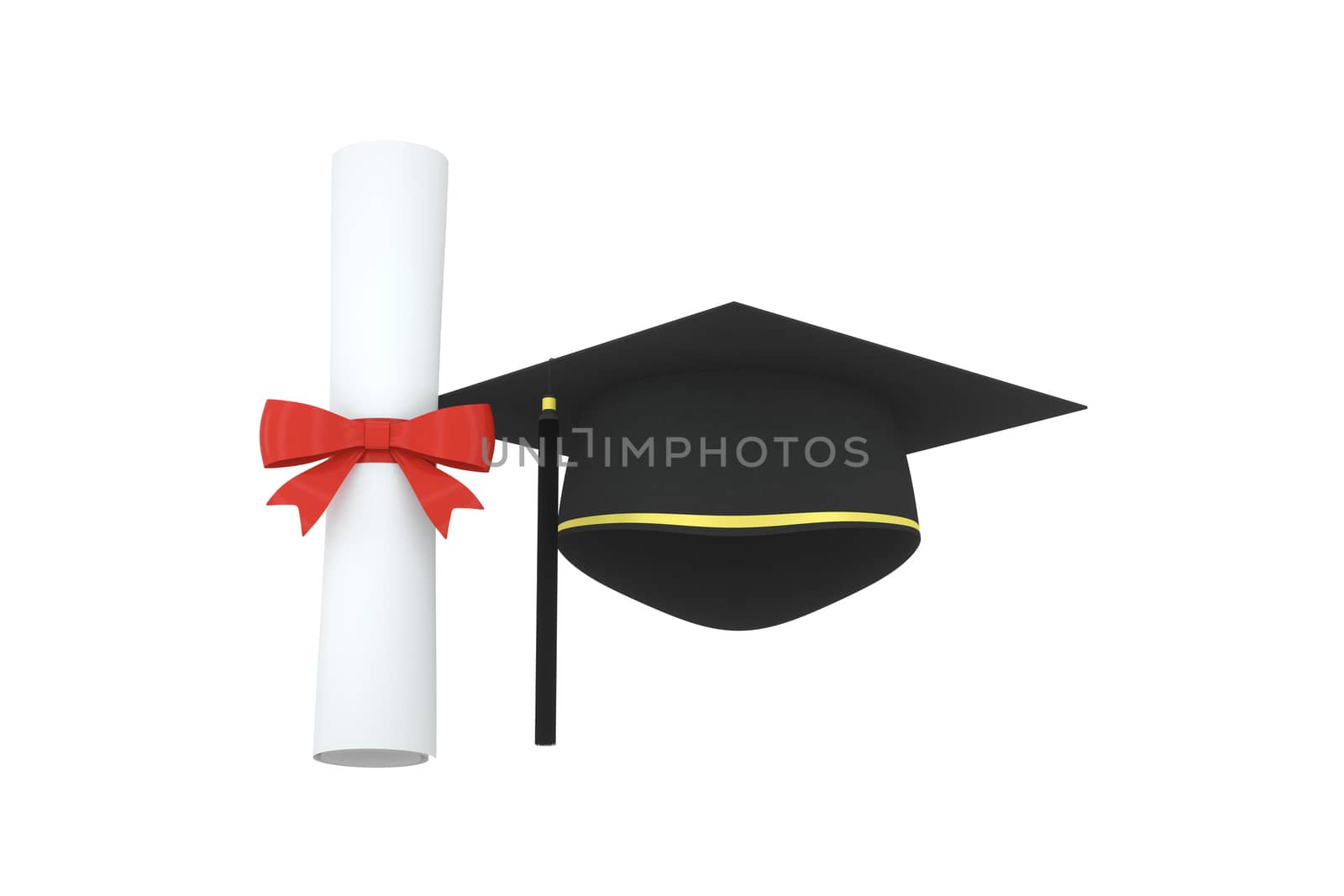 Graduate hat with diploma aside on white background, 3d rendering. by vinkfan
