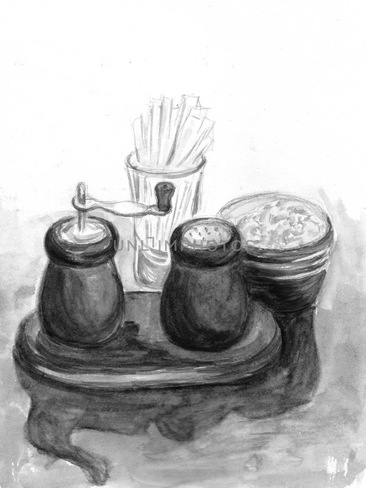 Salt and pepper shakers on table in cafe. Watercolor illustration. Hand-drawn sketch. Gray, black and white monochrome colors.