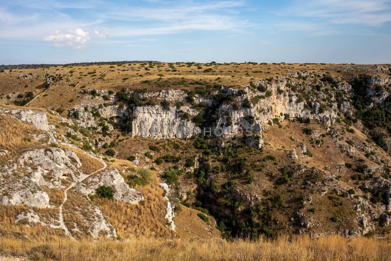 View of Gravina river canyon and park of the Rupestrian Churches of Matera by wjarek
